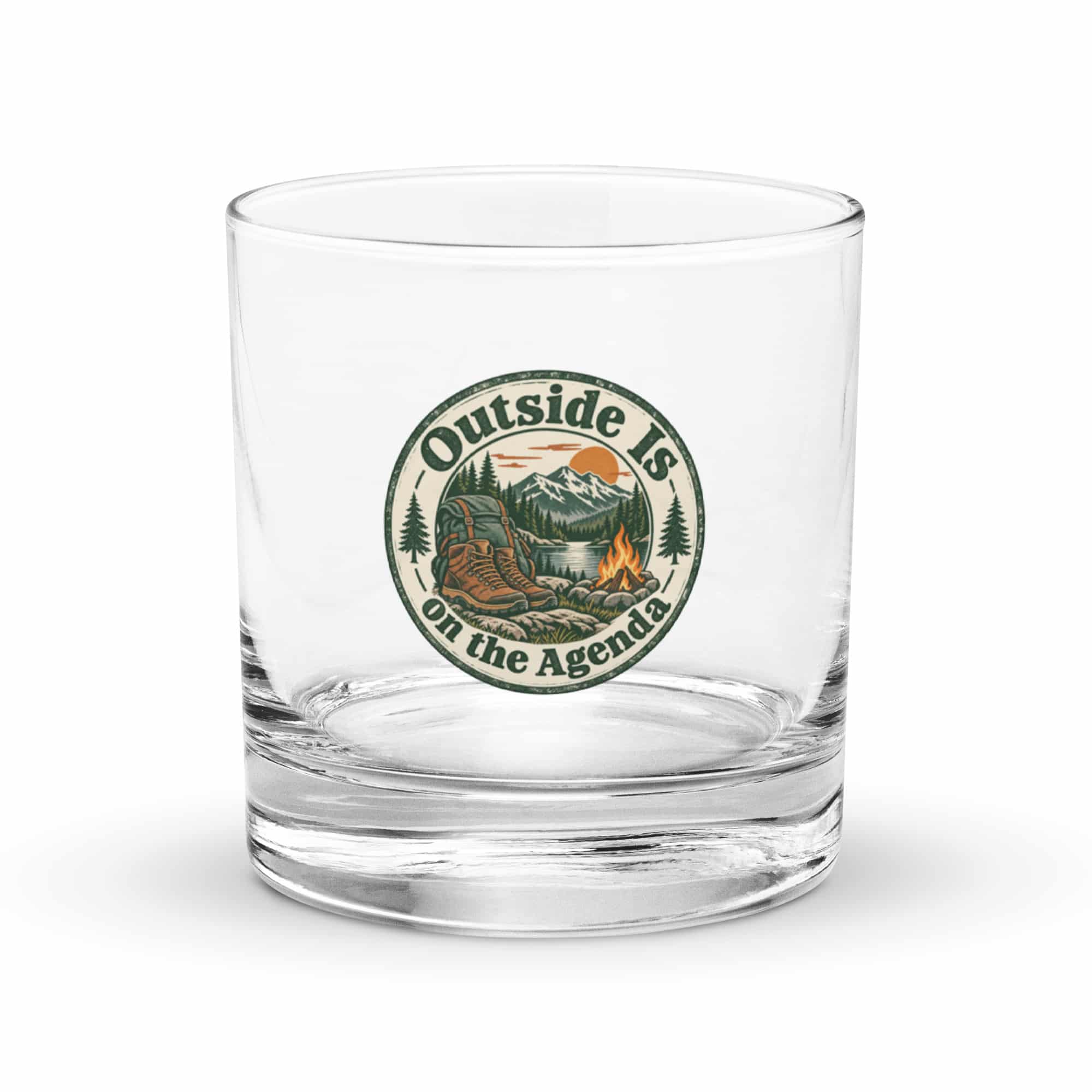 Nature and Adventure Rocks Glass: Outside Is on the Agenda, Vintage Round Badge