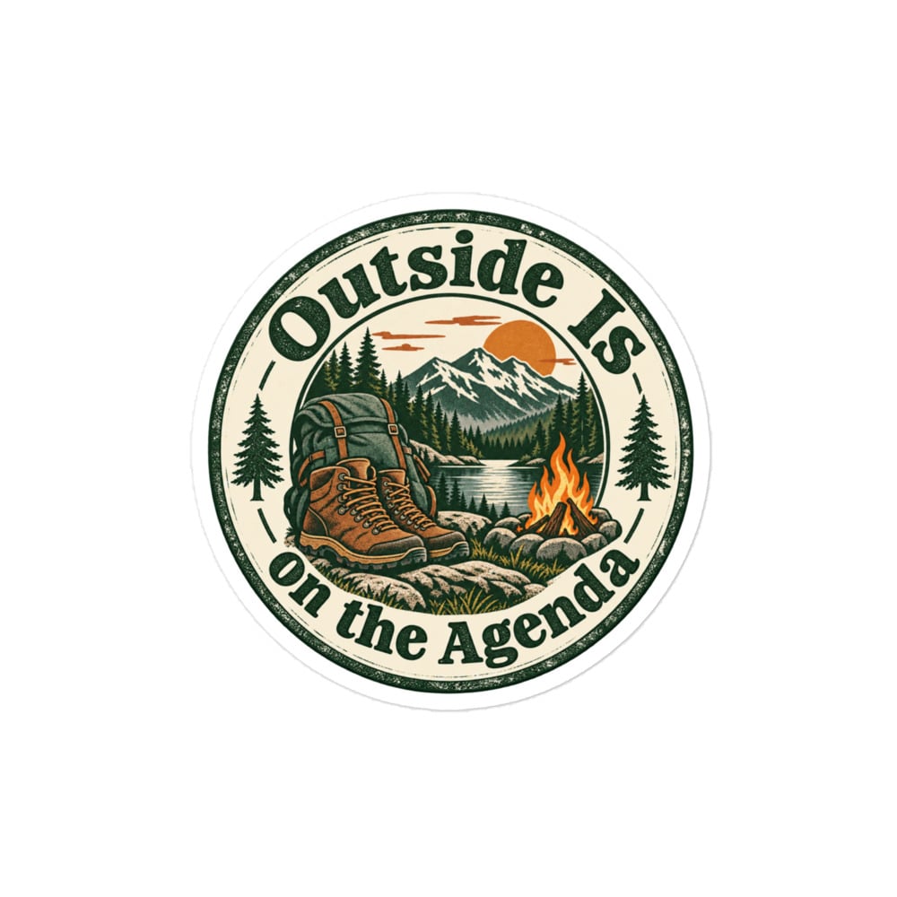 Nature and Adventure Vinyl Sticker: Outside Is on the Agenda, Vintage Round Badge