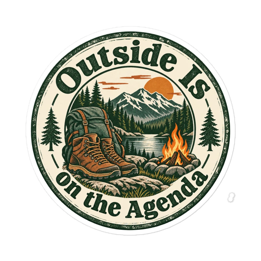Nature and Adventure Vinyl Sticker: Outside Is on the Agenda, Vintage Round Badge
