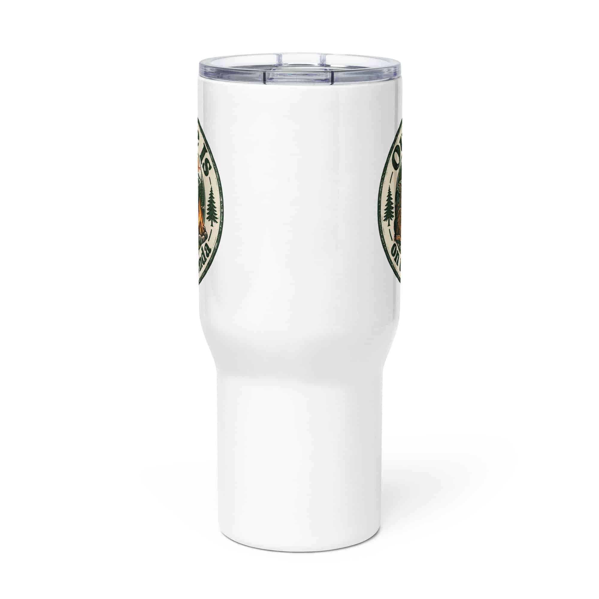 Nature and Adventure Travel Mug: Outside Is on the Agenda, Vintage Round Badge