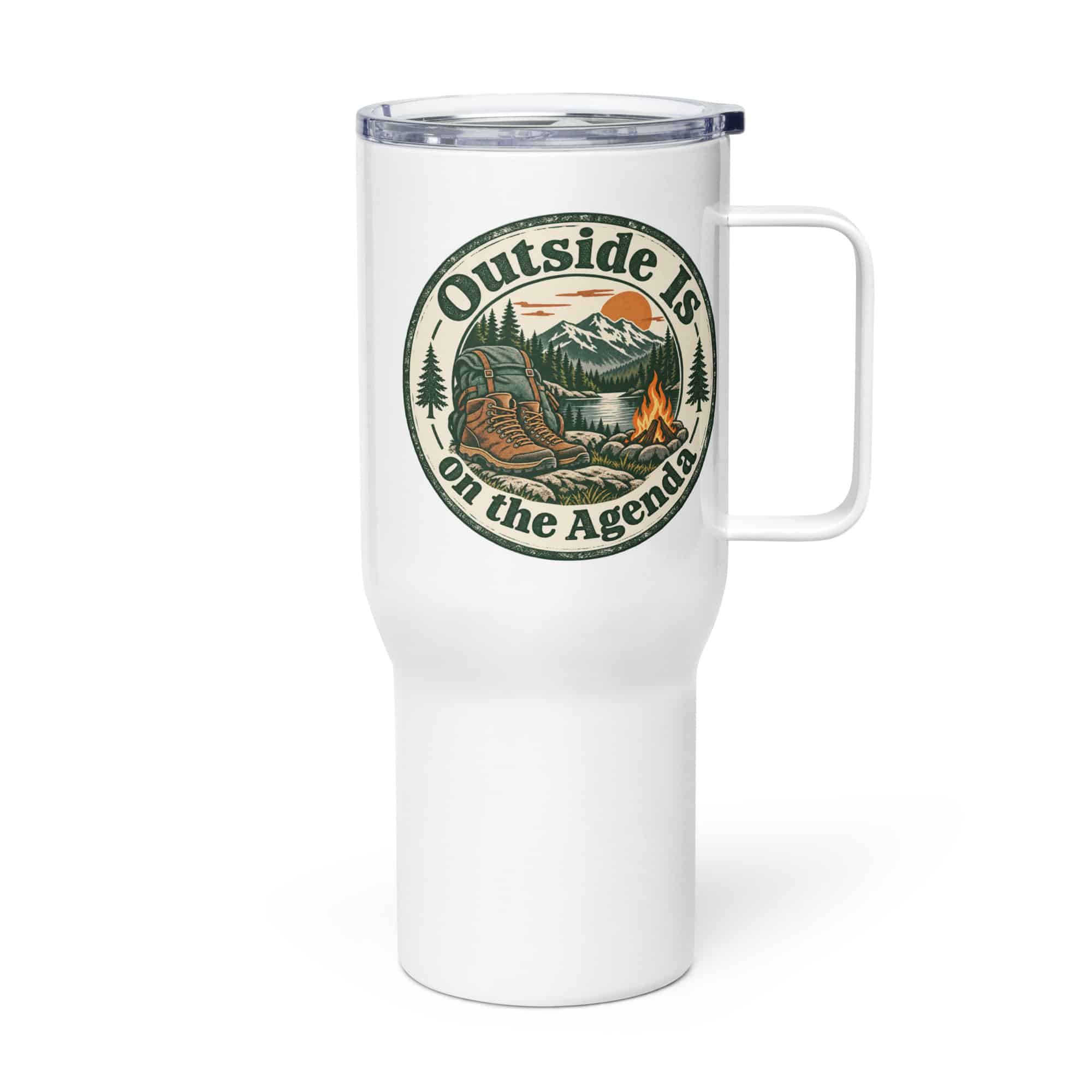 Nature and Adventure Travel Mug: Outside Is on the Agenda, Vintage Round Badge