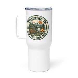 Nature and Adventure Travel Mug: Outside Is on the Agenda, Vintage Round Badge - 25 oz - Main