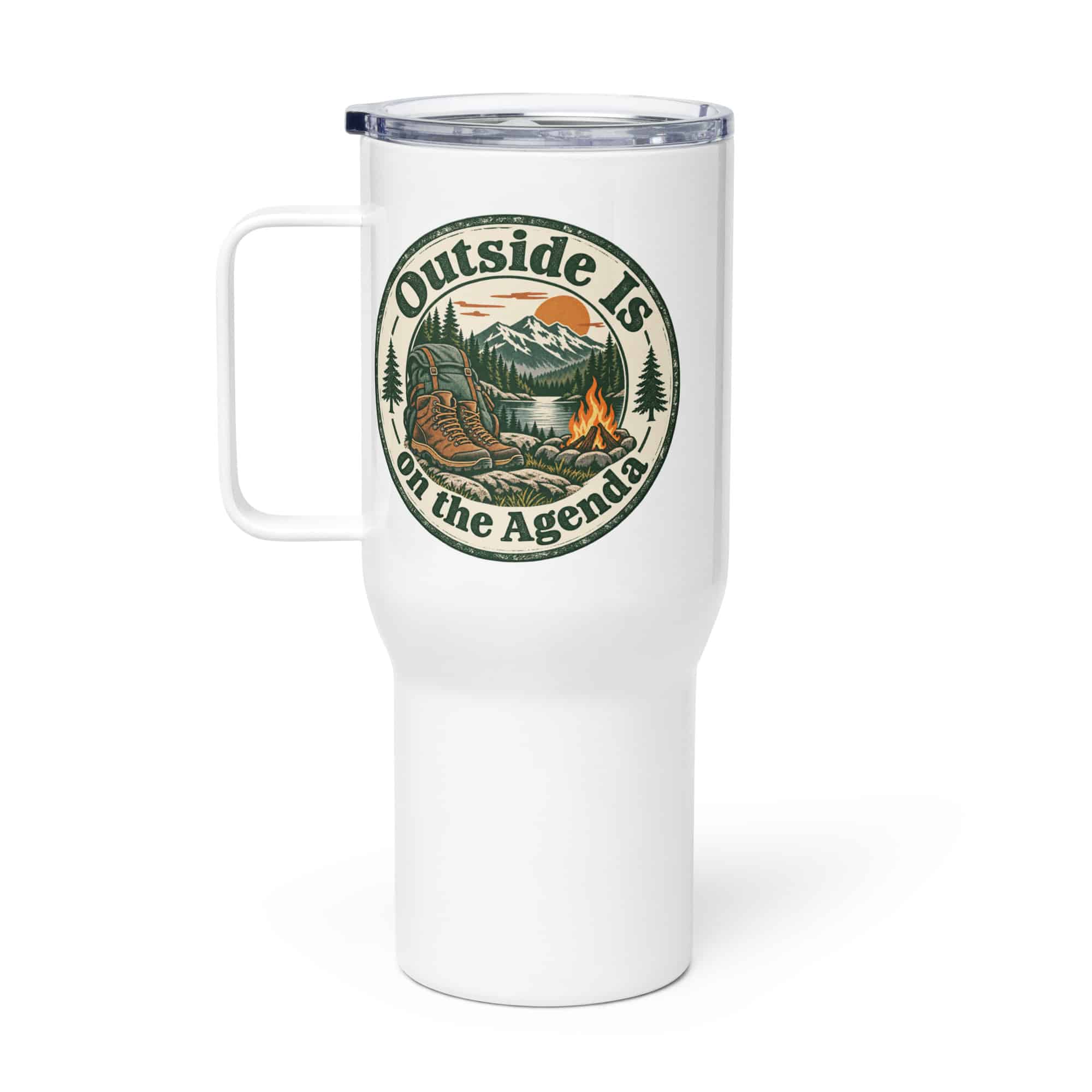Nature and Adventure Travel Mug: Outside Is on the Agenda, Vintage Round Badge