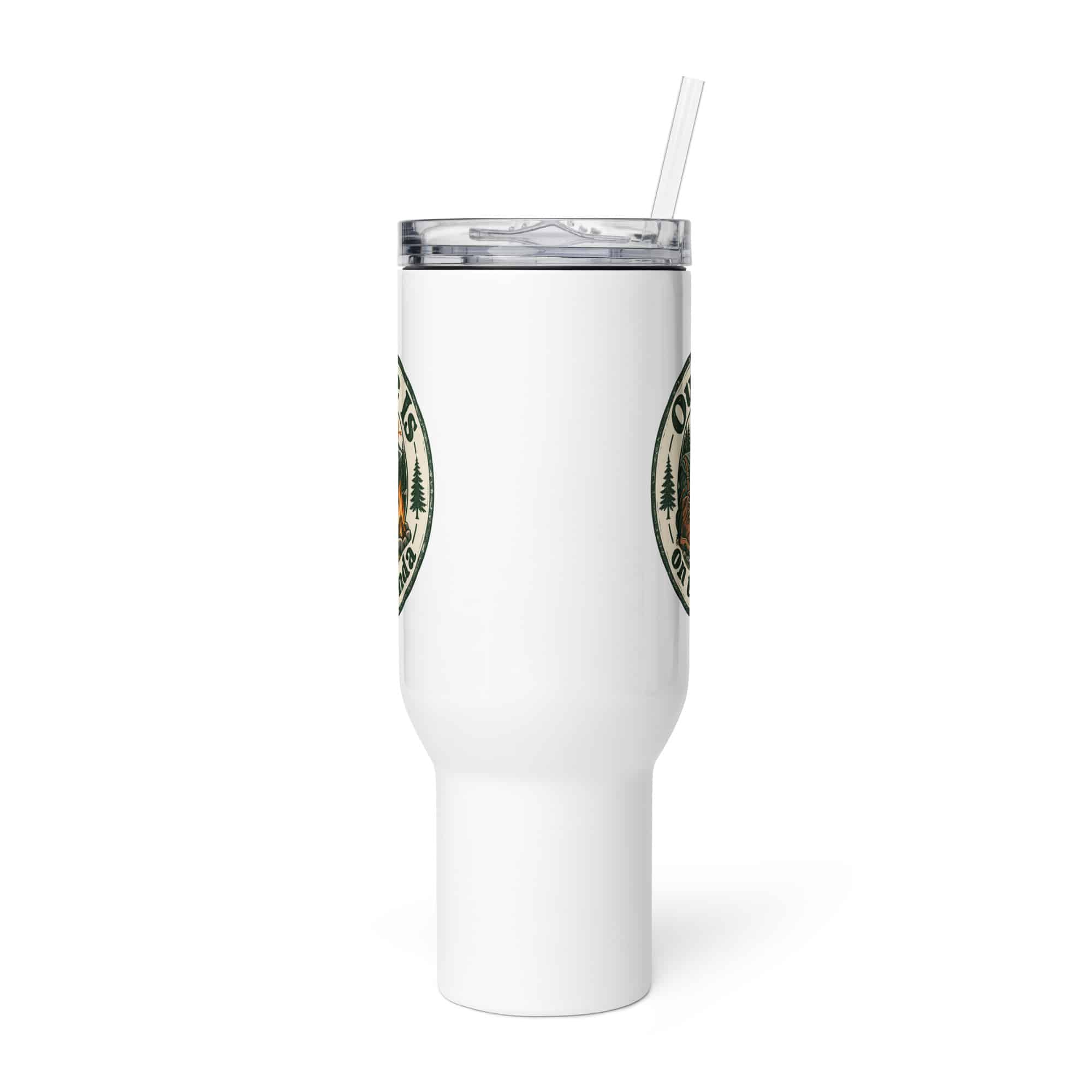 Nature and Adventure Travel Mug: Outside Is on the Agenda, Vintage Round Badge