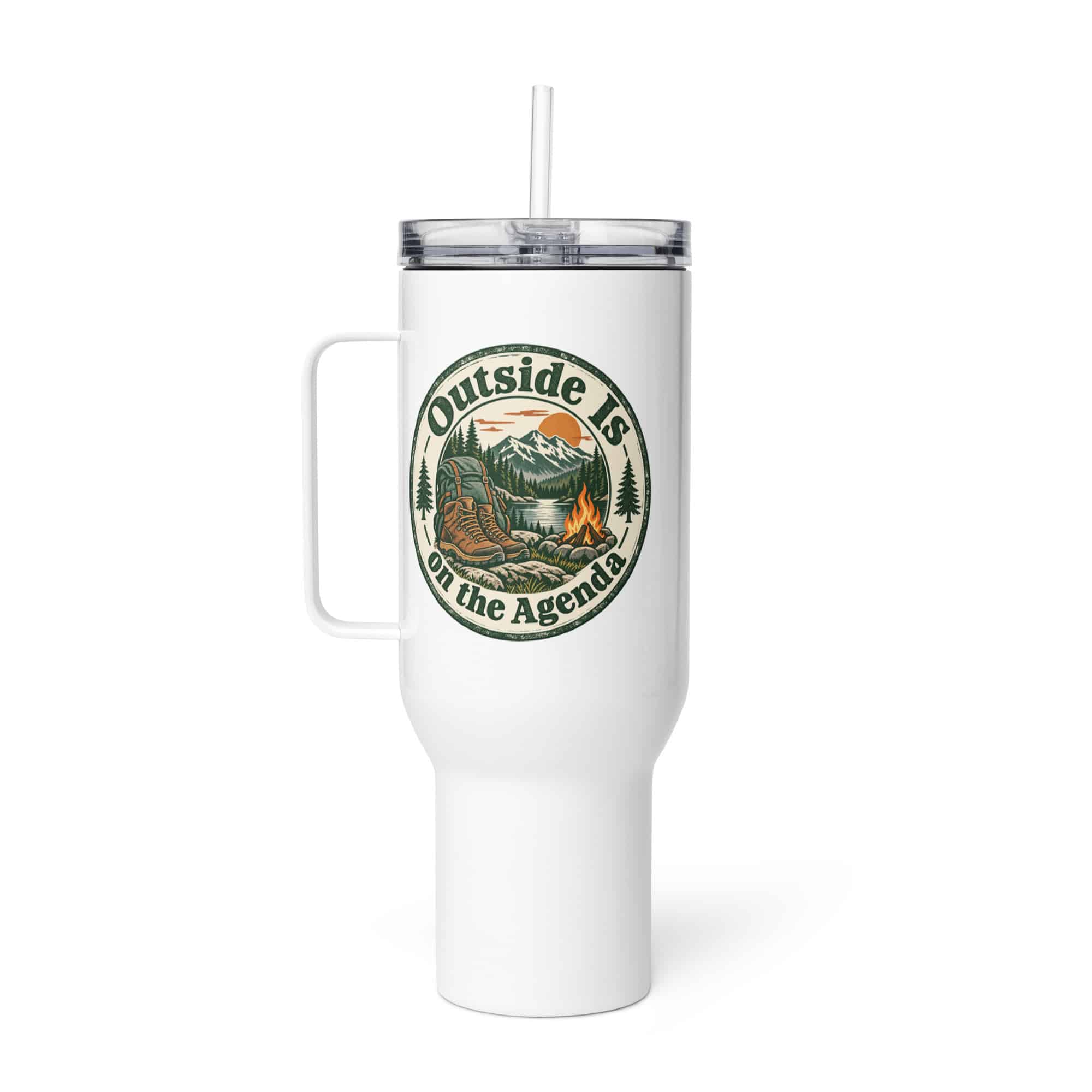 Nature and Adventure Travel Mug: Outside Is on the Agenda, Vintage Round Badge