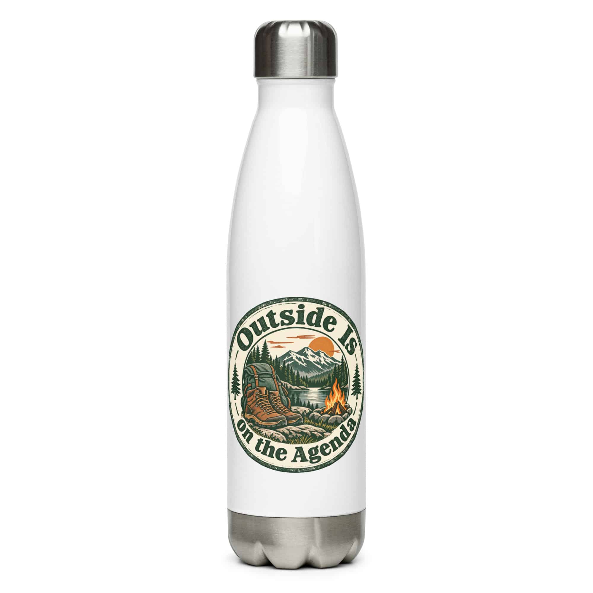 Nature and Adventure Stainless Steel Water Bottle: Outside Is on the Agenda, Vintage Round Badge