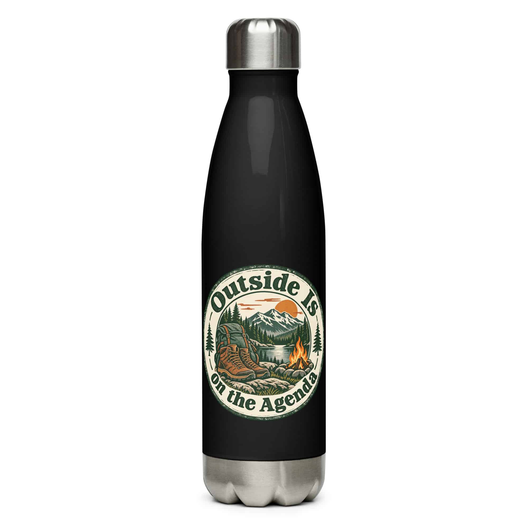Nature and Adventure Stainless Steel Water Bottle: Outside Is on the Agenda, Vintage Round Badge