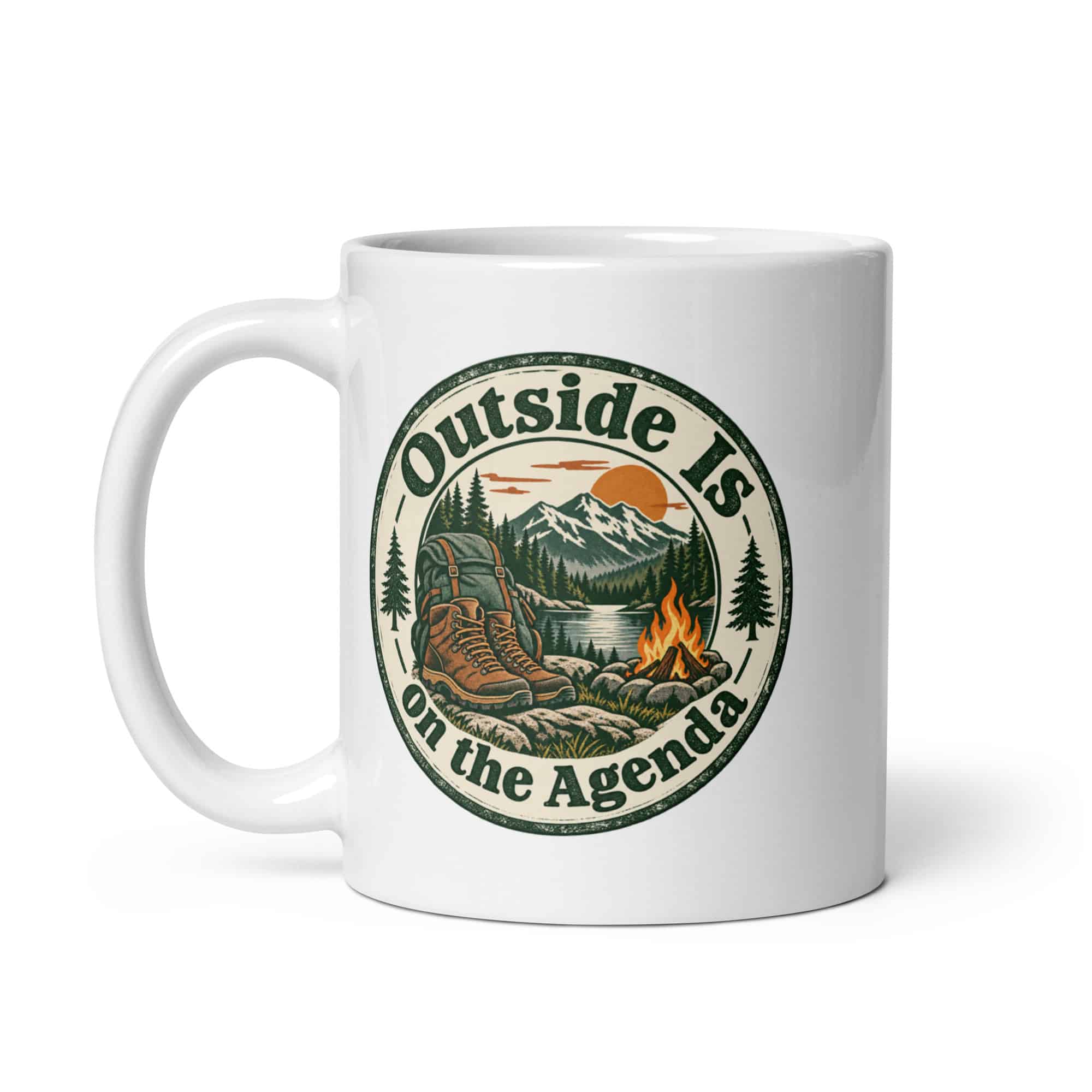 Nature and Adventure White Ceramic Coffee Mug: Outside Is on the Agenda, Vintage Round Badge