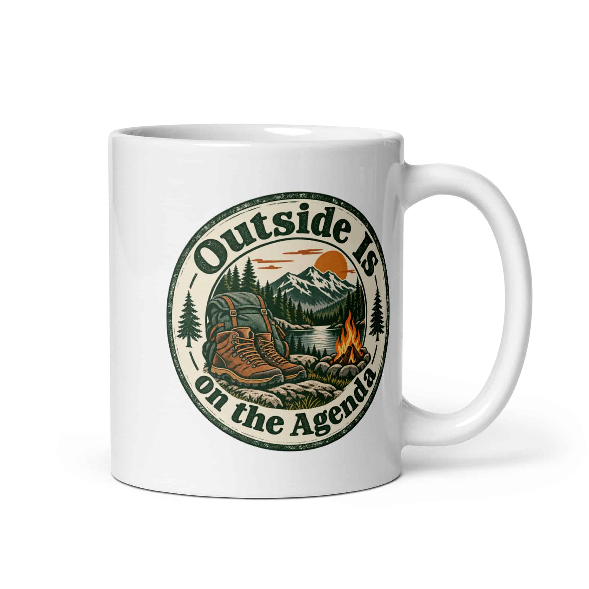 Nature and Adventure White Ceramic Coffee Mug: Outside Is on the Agenda, Vintage Round Badge