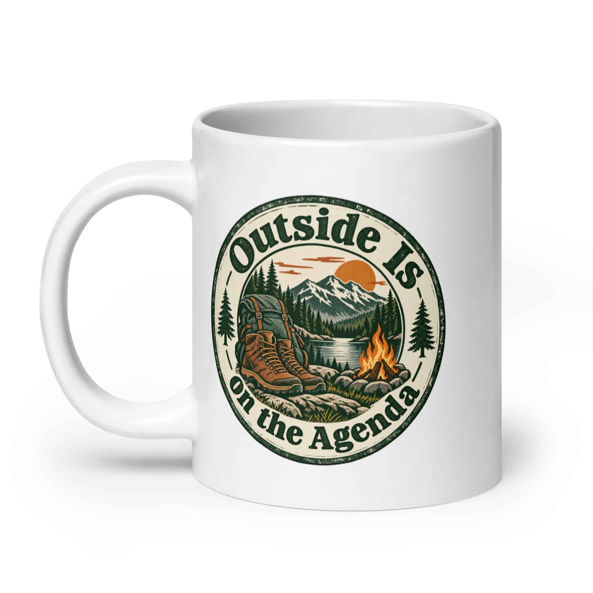 Nature and Adventure White Ceramic Coffee Mug: Outside Is on the Agenda, Vintage Round Badge