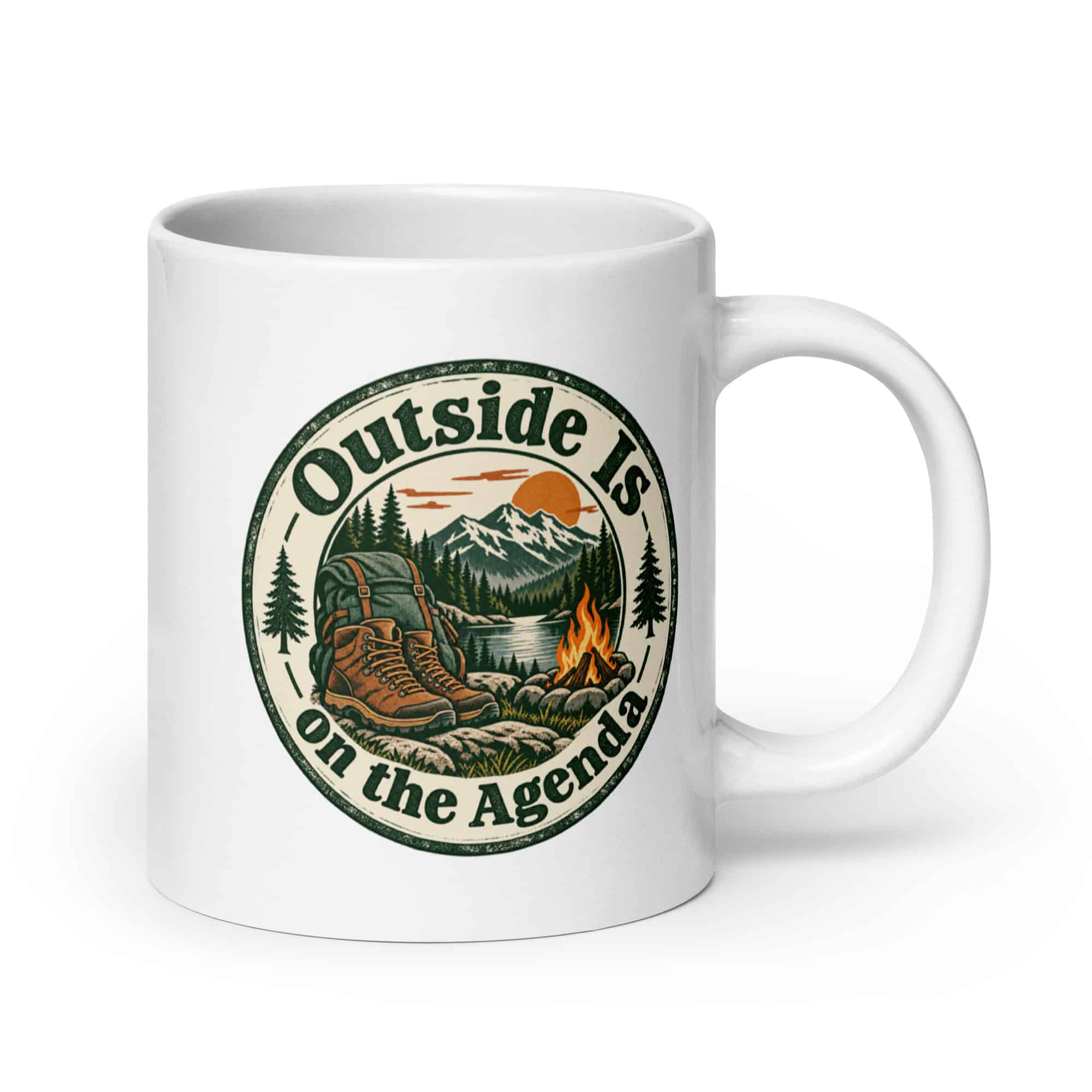 Nature and Adventure White Ceramic Coffee Mug: Outside Is on the Agenda, Vintage Round Badge
