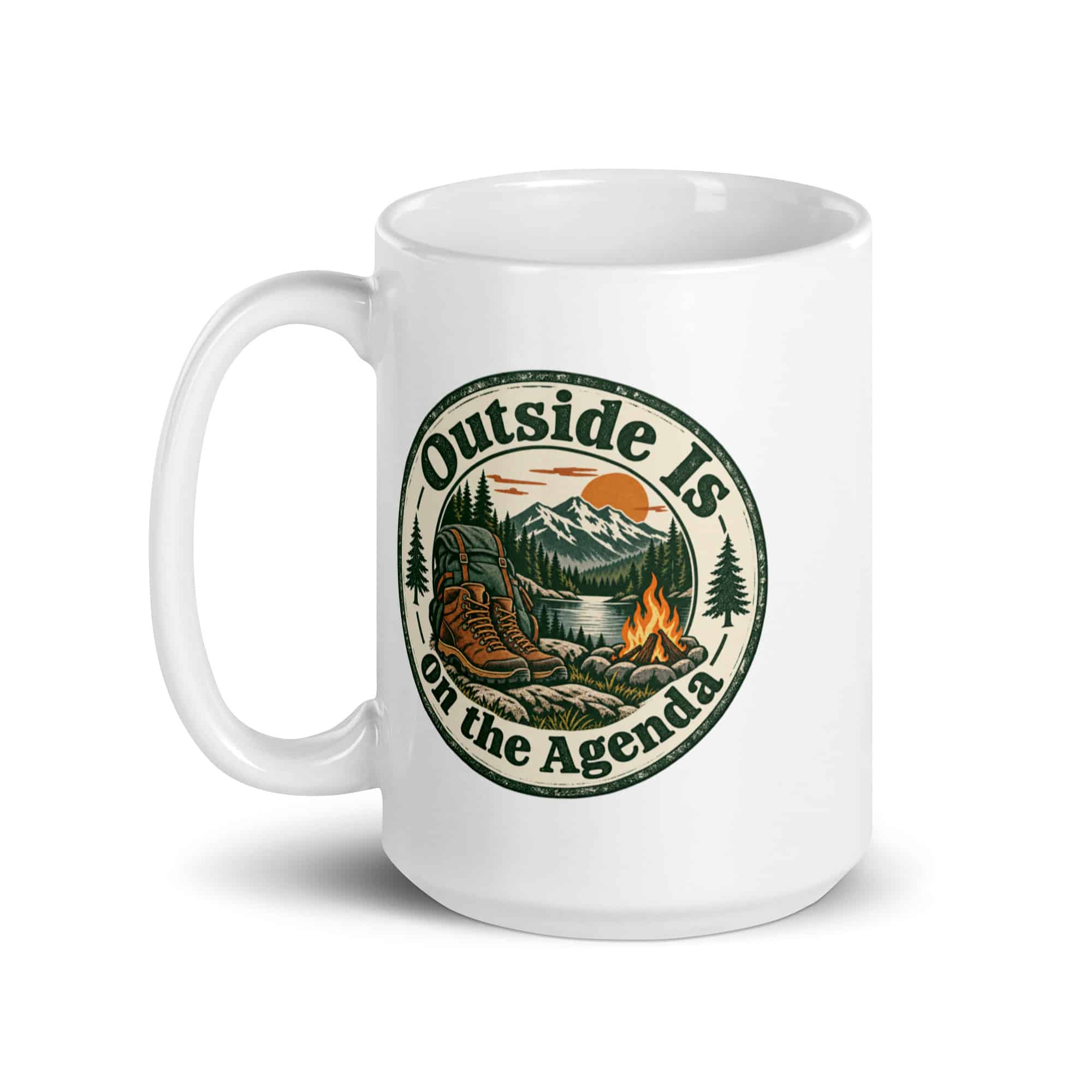 Nature and Adventure White Ceramic Coffee Mug: Outside Is on the Agenda, Vintage Round Badge
