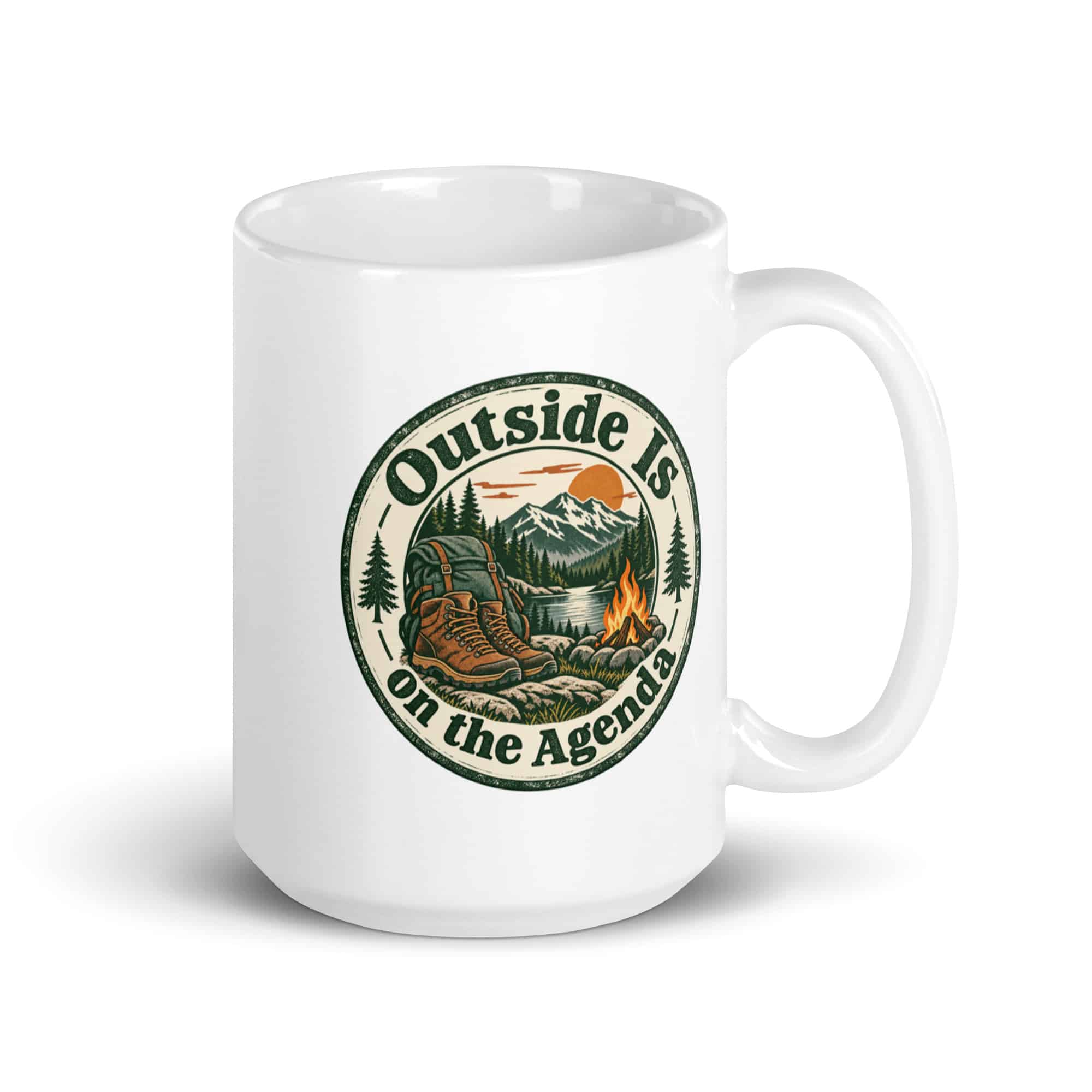 Nature and Adventure White Ceramic Coffee Mug: Outside Is on the Agenda, Vintage Round Badge
