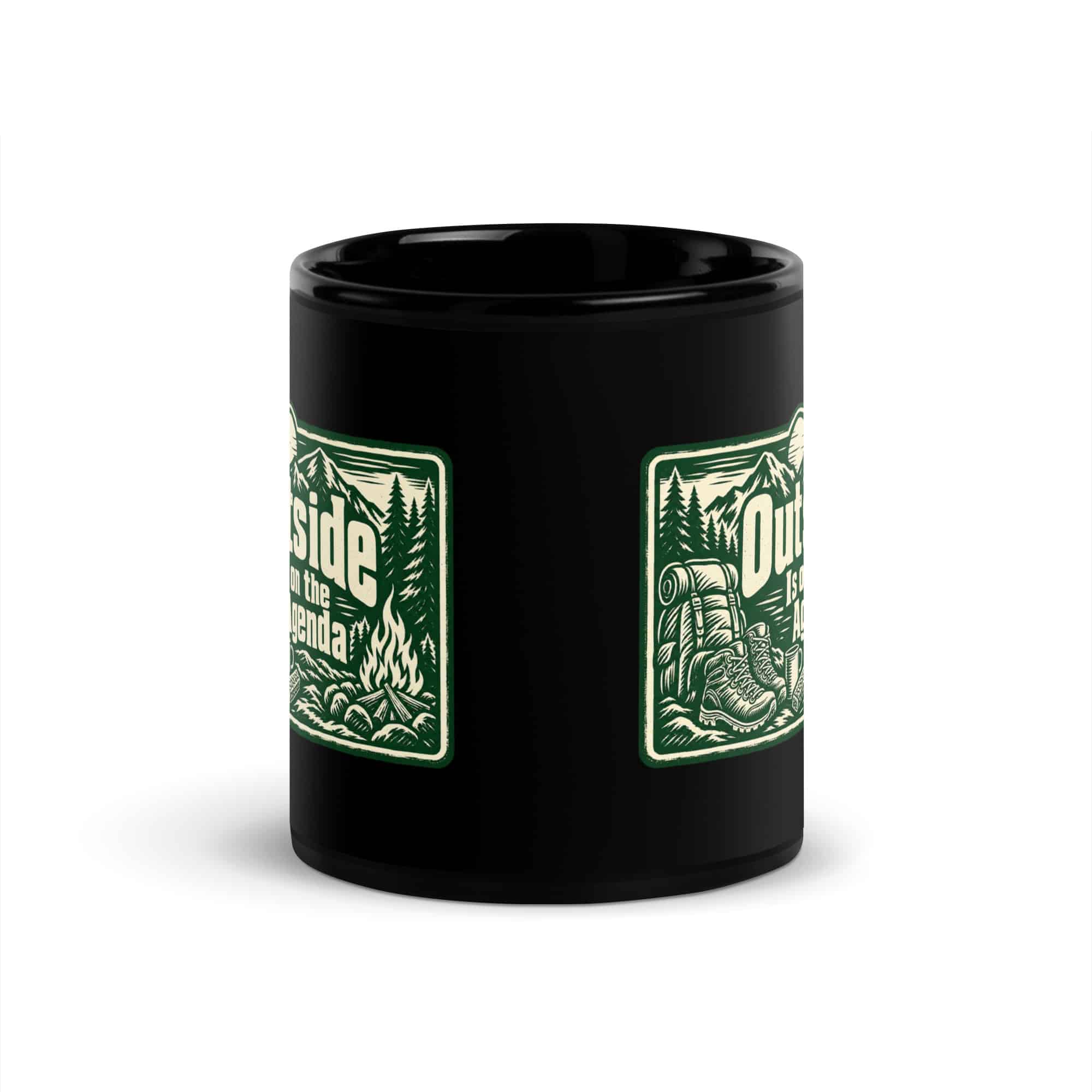 Nature and Adventure Black Coffee Mug: Outside Is on the Agenda, Forest Ink Stamp