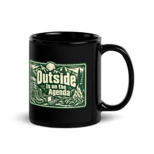 Nature and Adventure Black Coffee Mug: Outside Is on the Agenda, Forest Ink Stamp - 11 oz - Handle on Right