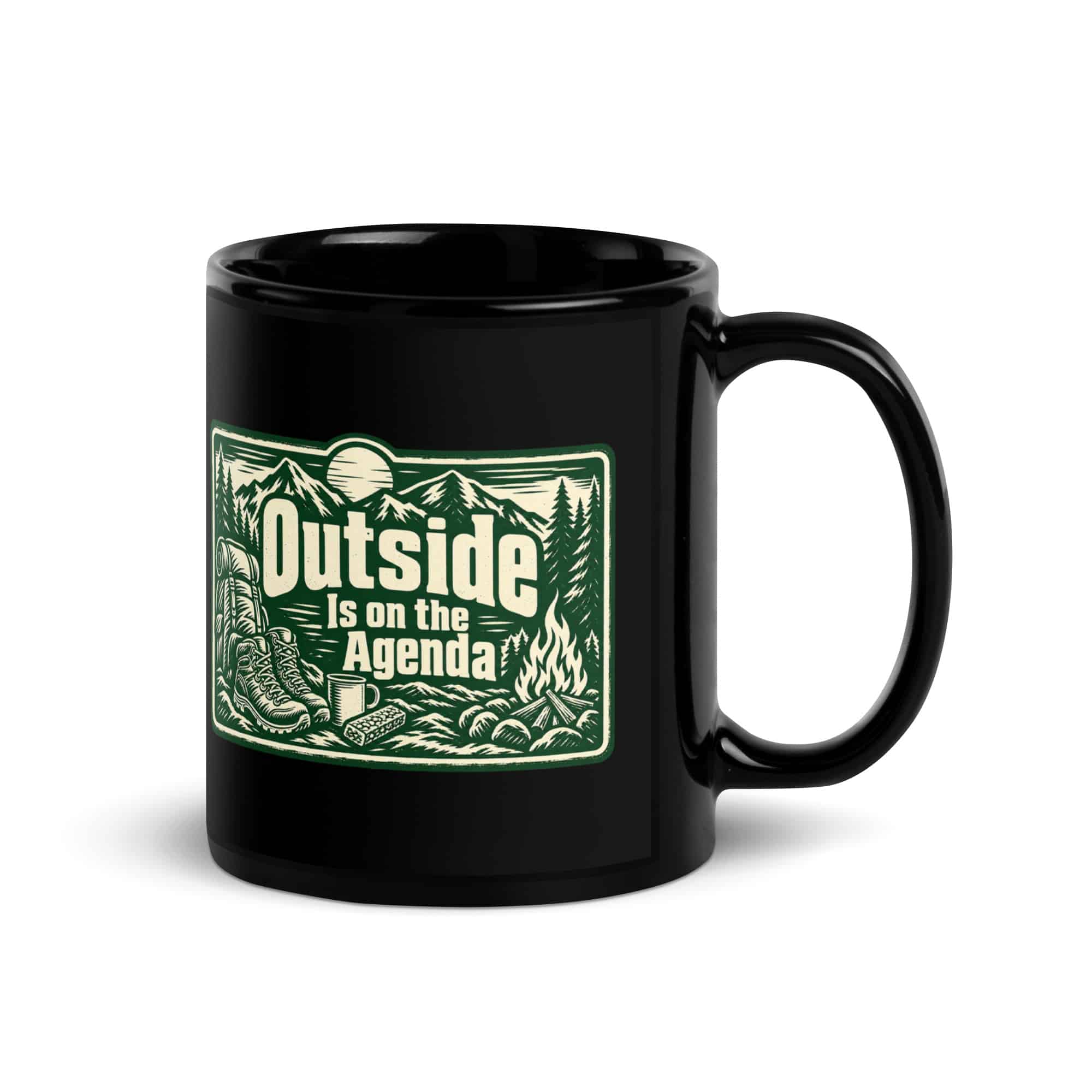 Nature and Adventure Black Coffee Mug: Outside Is on the Agenda, Forest Ink Stamp