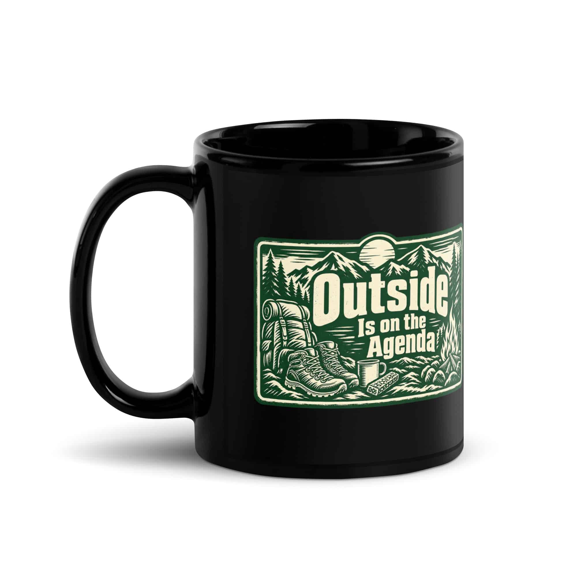 Nature and Adventure Black Coffee Mug: Outside Is on the Agenda, Forest Ink Stamp