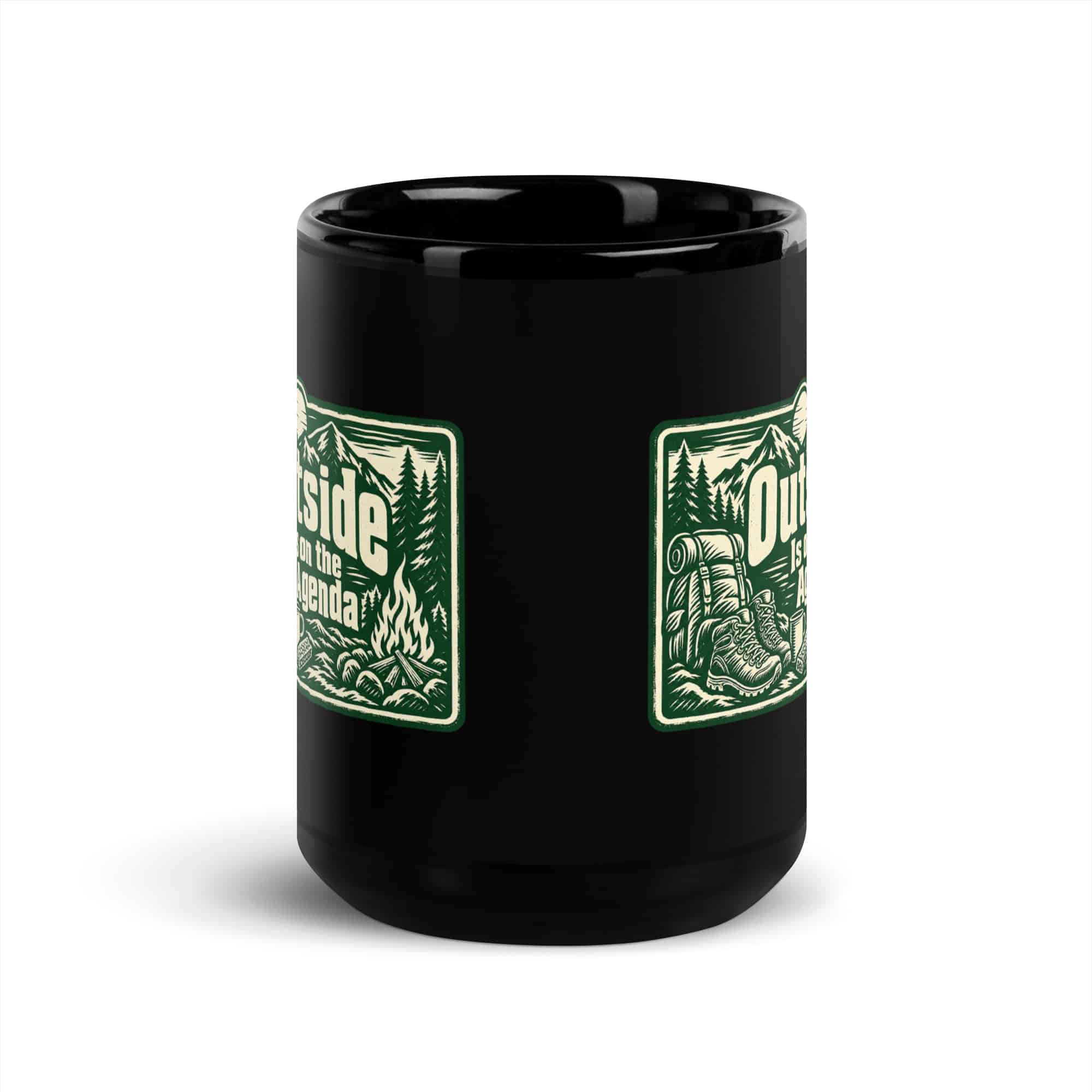 Nature and Adventure Black Coffee Mug: Outside Is on the Agenda, Forest Ink Stamp