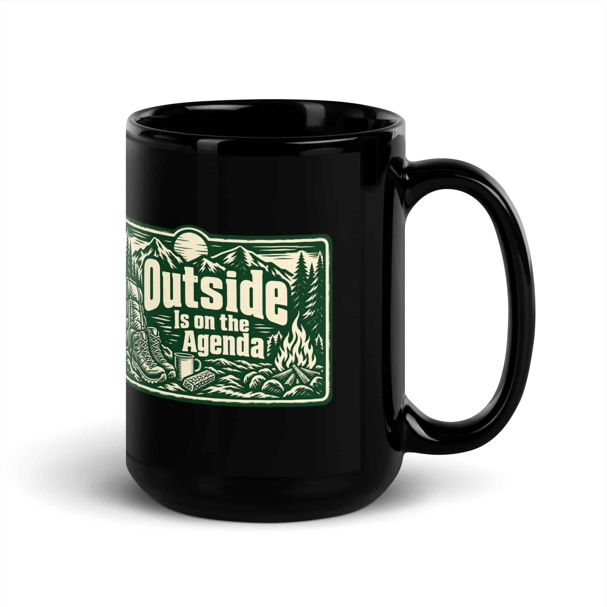 Nature and Adventure Black Coffee Mug: Outside Is on the Agenda, Forest Ink Stamp