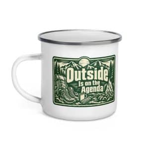 Nature and Adventure Enamel Camp Mug: Outside Is on the Agenda, Forest Ink Stamp - 12 oz - Left