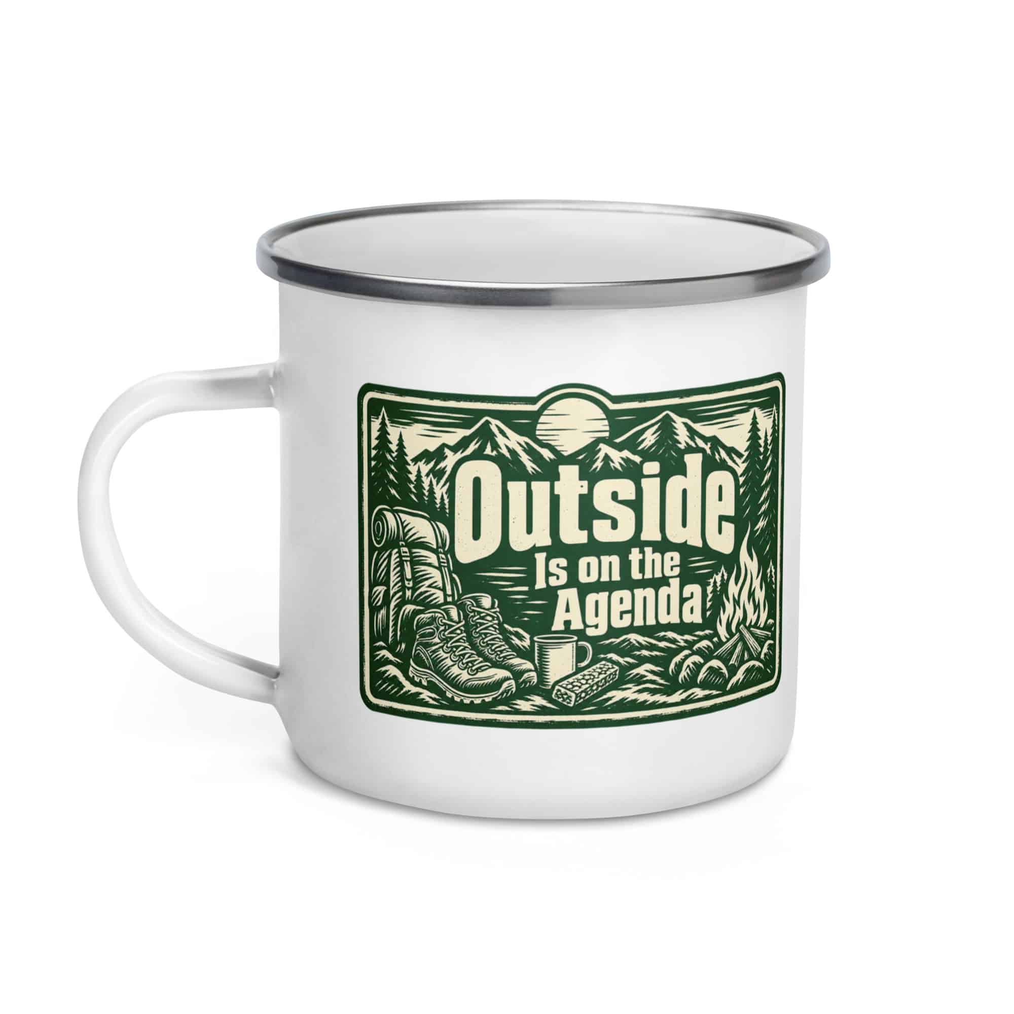 Nature and Adventure Enamel Camp Mug: Outside Is on the Agenda, Forest Ink Stamp