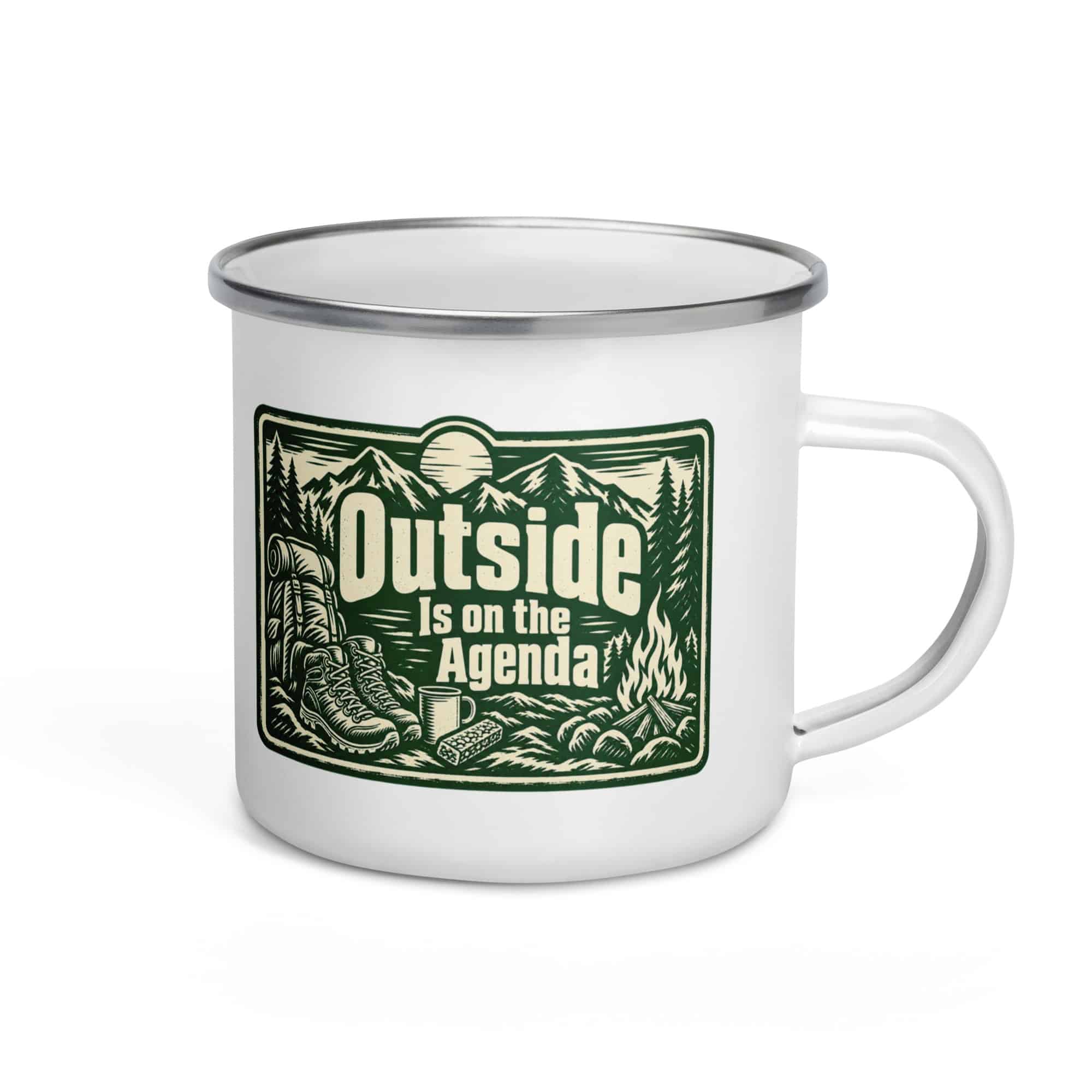 Nature and Adventure Enamel Camp Mug: Outside Is on the Agenda, Forest Ink Stamp