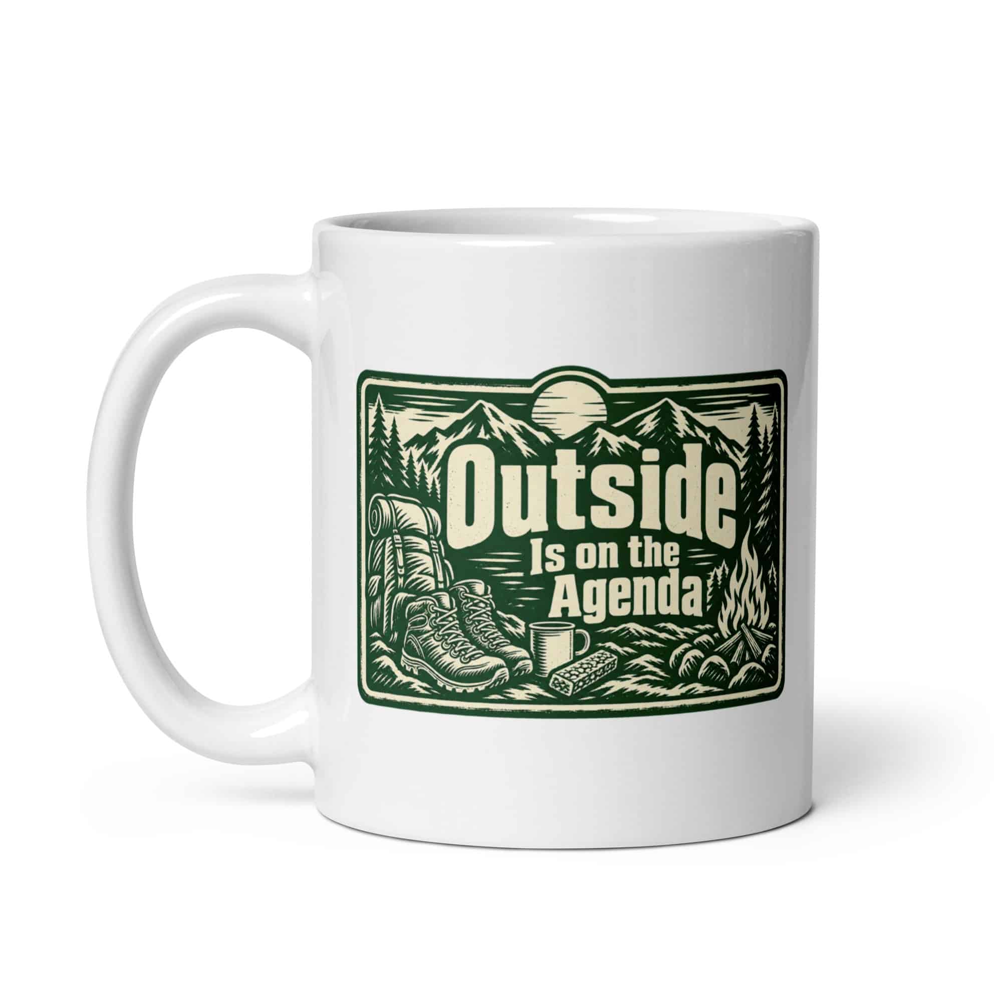 Nature and Adventure White Ceramic Coffee Mug: Outside Is on the Agenda, Forest Ink Stamp