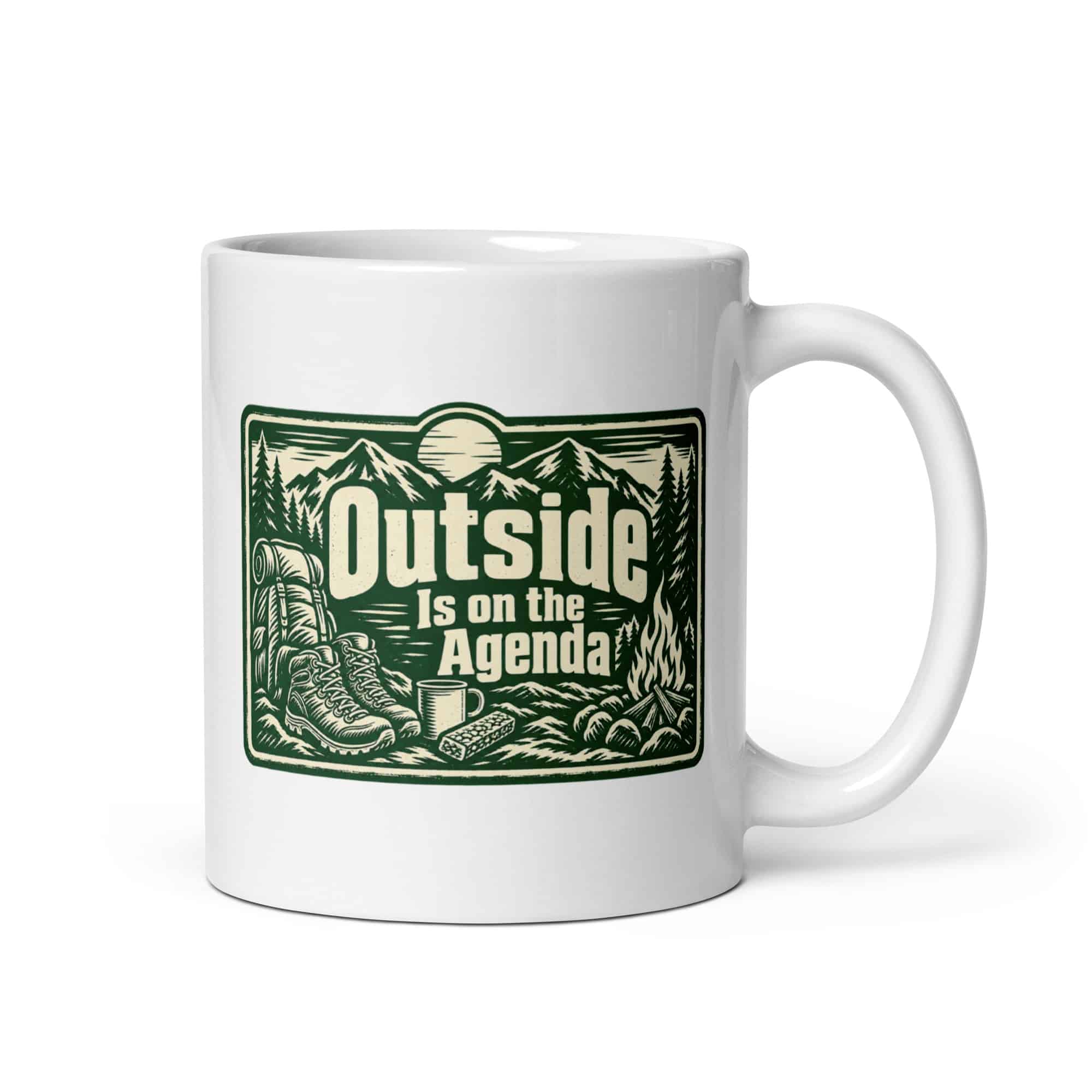 Nature and Adventure White Ceramic Coffee Mug: Outside Is on the Agenda, Forest Ink Stamp