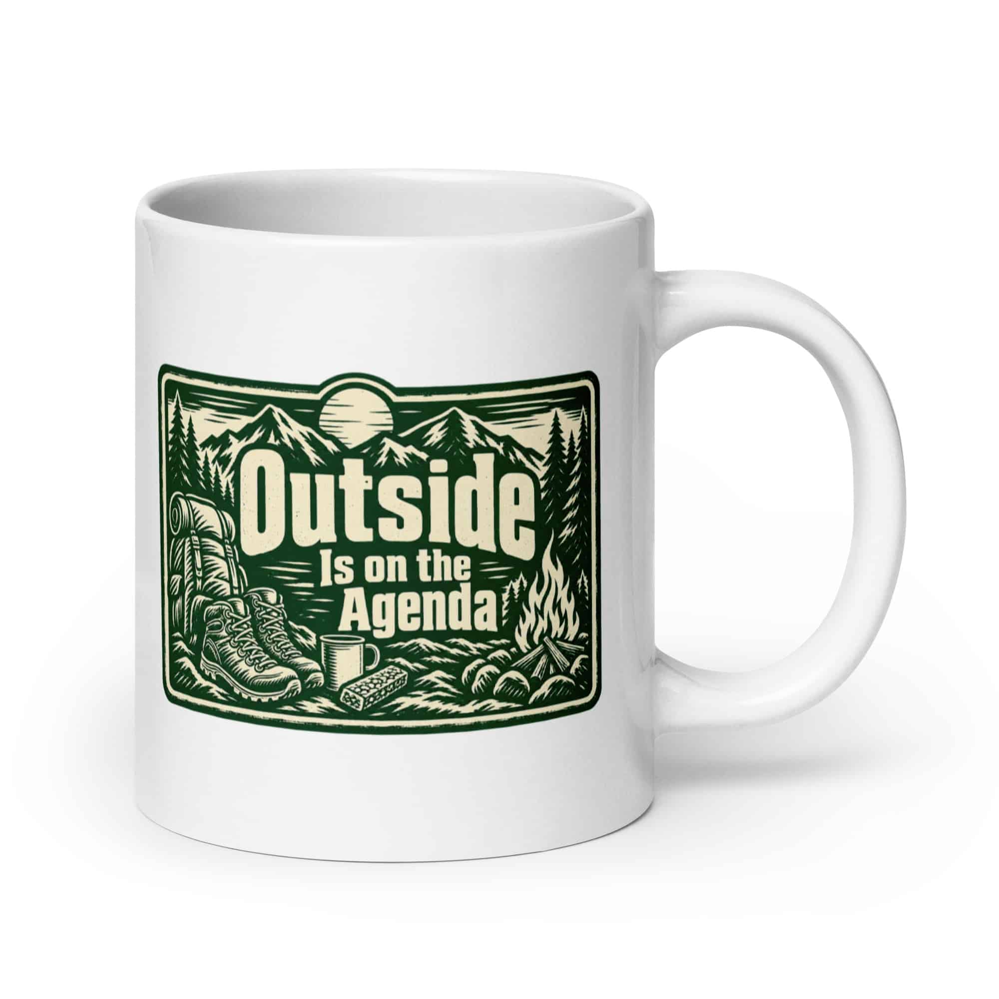 Nature and Adventure White Ceramic Coffee Mug: Outside Is on the Agenda, Forest Ink Stamp
