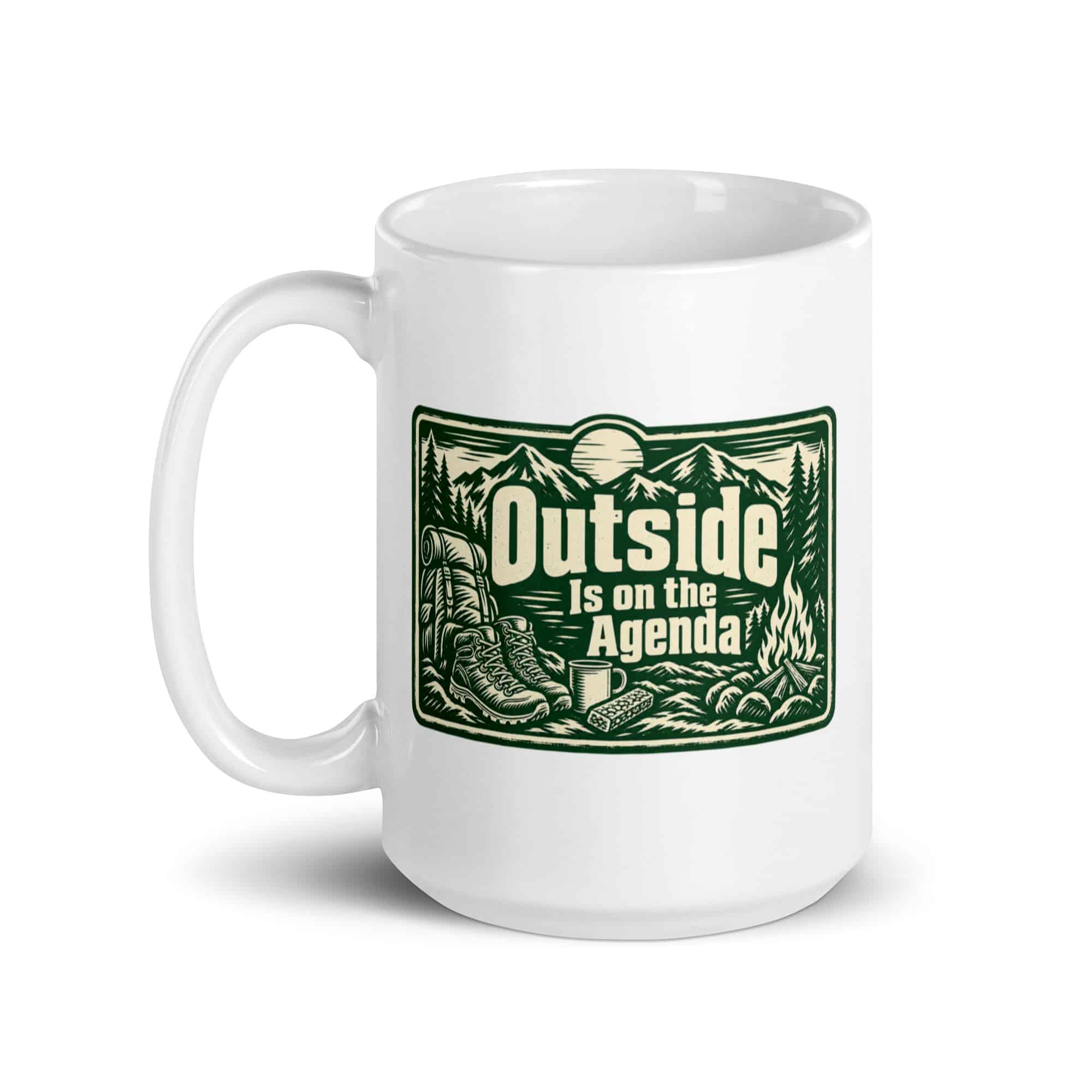 Nature and Adventure White Ceramic Coffee Mug: Outside Is on the Agenda, Forest Ink Stamp