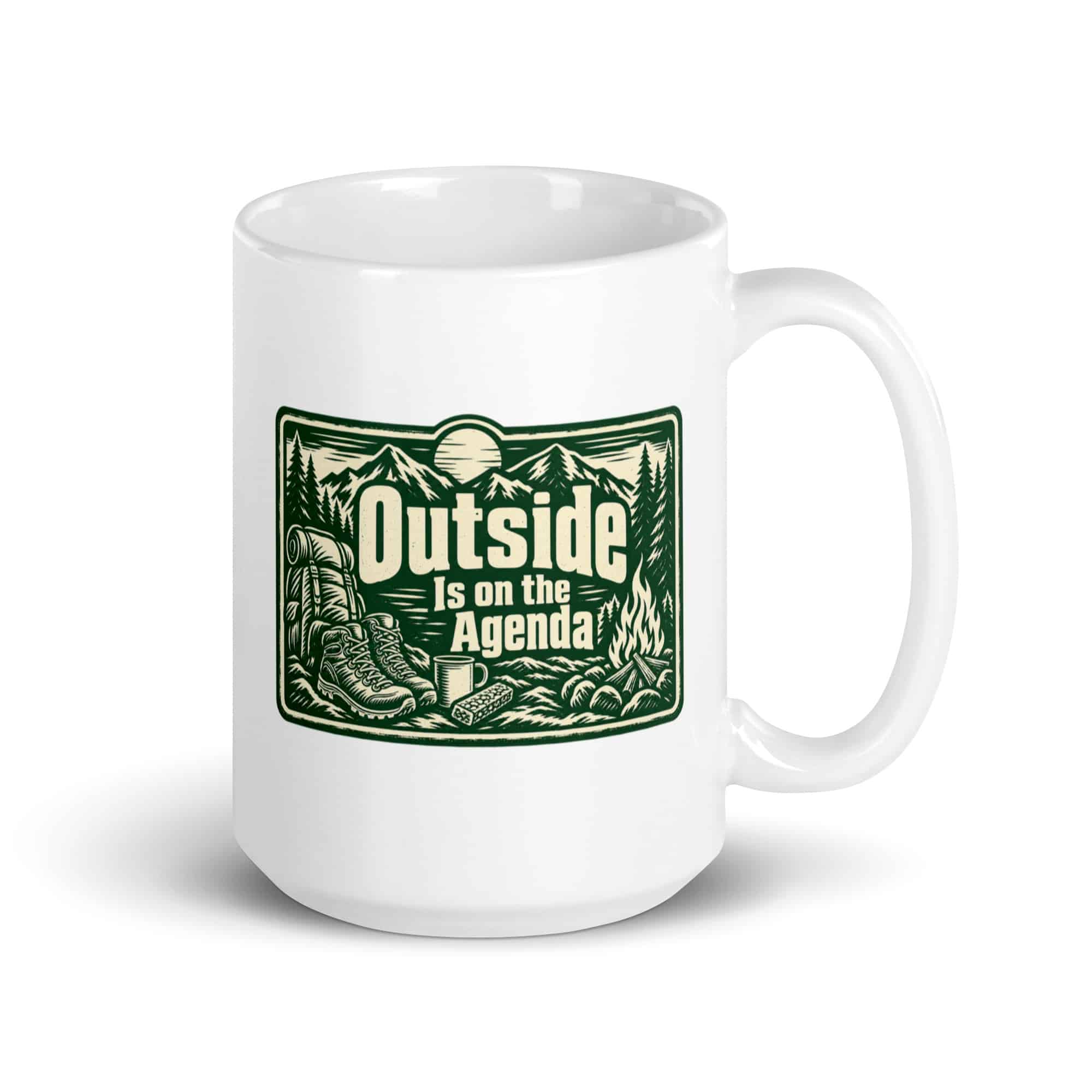 Nature and Adventure White Ceramic Coffee Mug: Outside Is on the Agenda, Forest Ink Stamp
