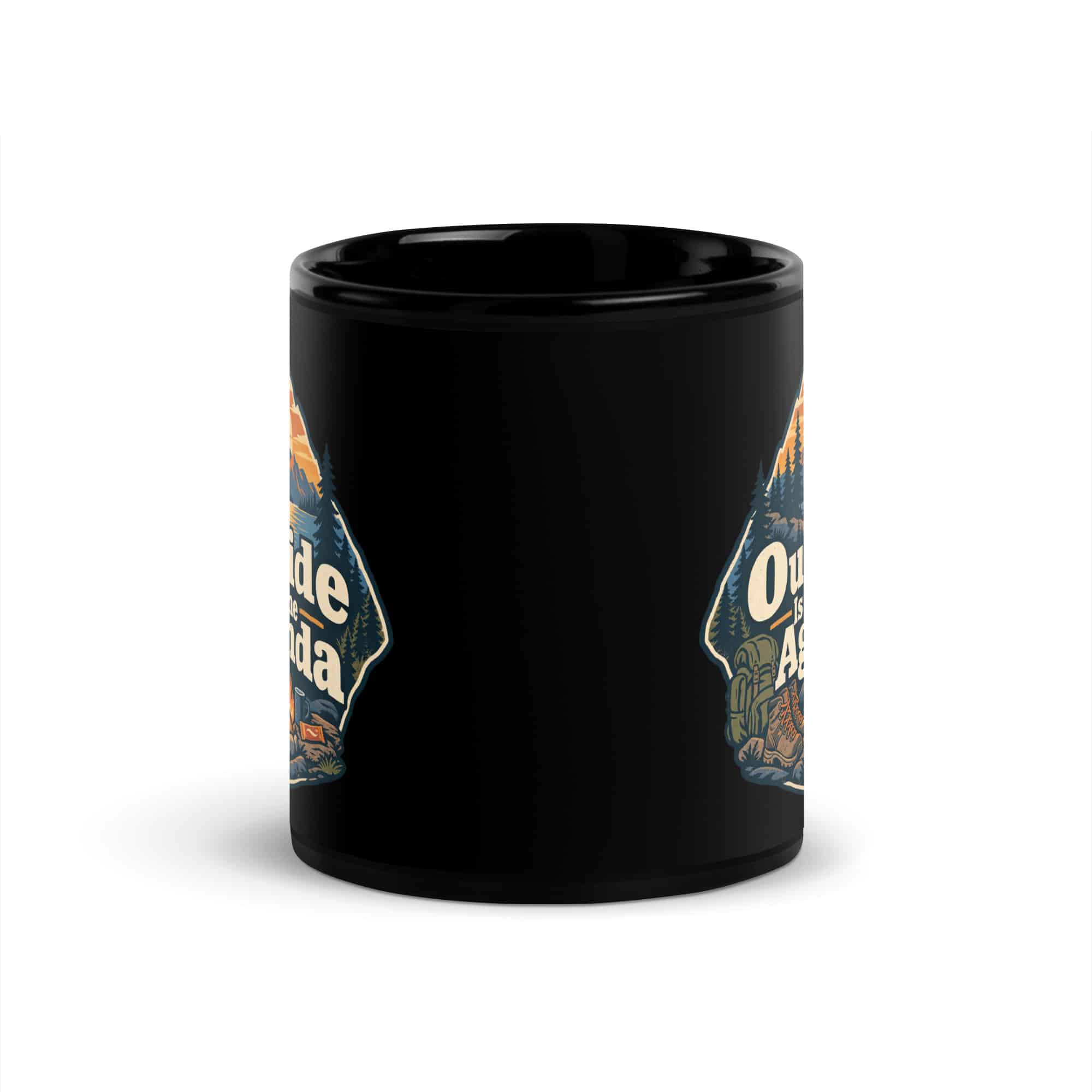 Nature and Adventure Black Coffee Mug: Outside Is on the Agenda, Scenic Shield Badge