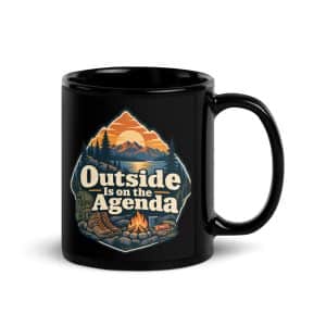 Nature and Adventure Black Coffee Mug: Outside Is on the Agenda, Scenic Shield Badge - 11 oz - Handle on Right