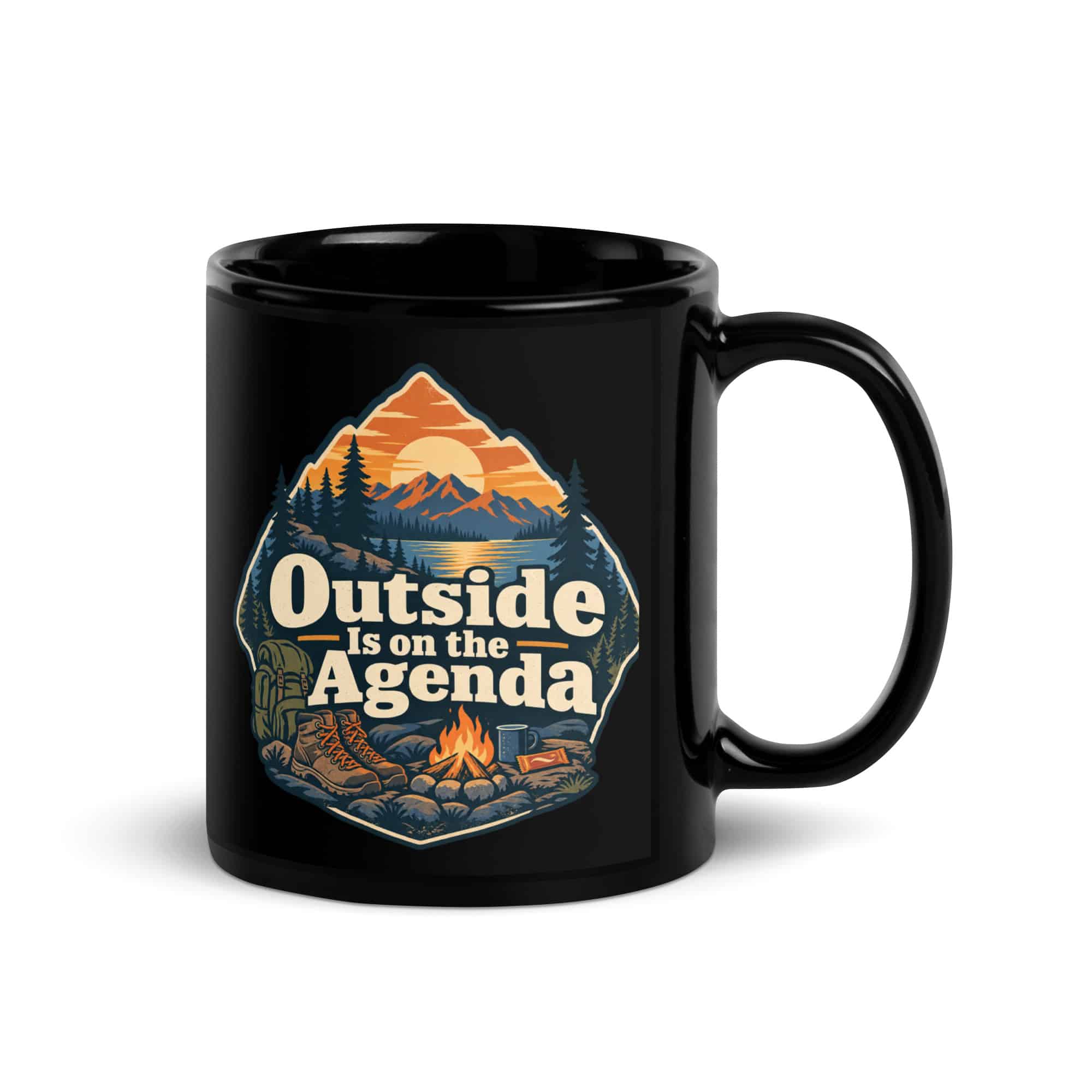 Nature and Adventure Black Coffee Mug: Outside Is on the Agenda, Scenic Shield Badge
