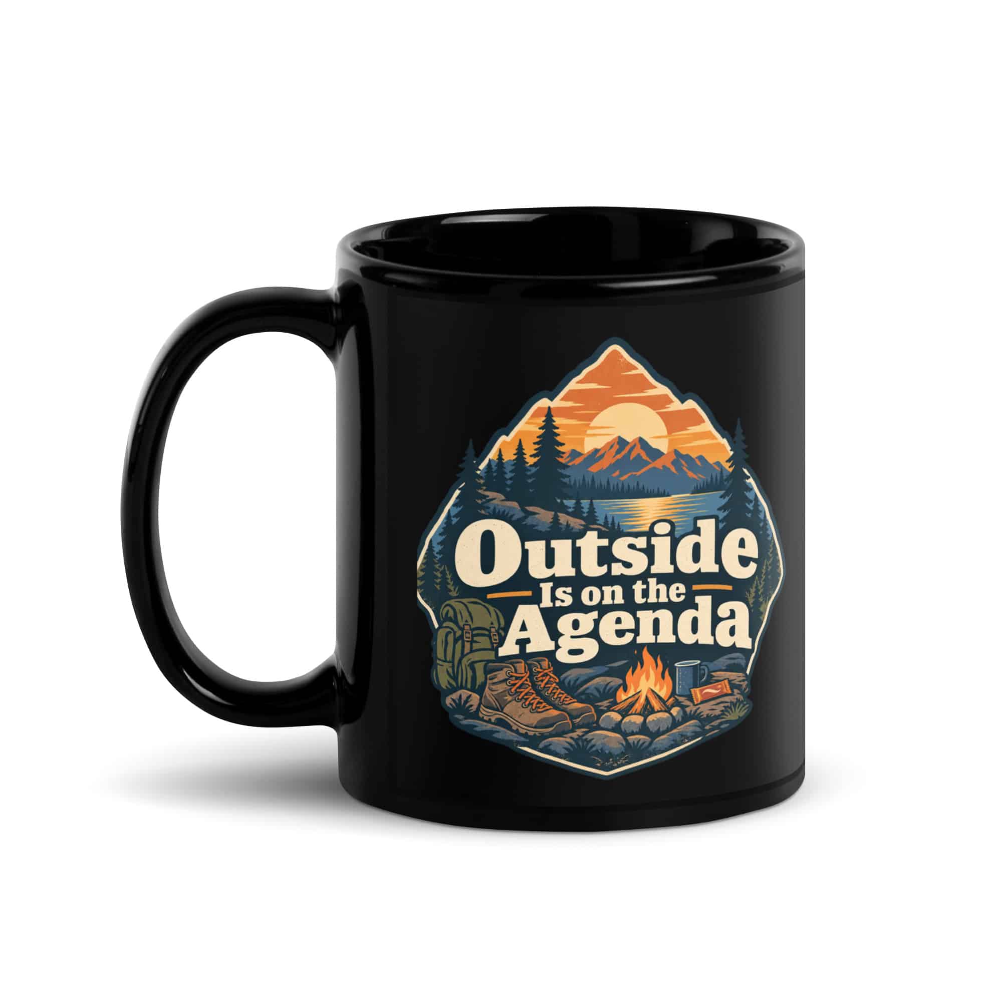 Nature and Adventure Black Coffee Mug: Outside Is on the Agenda, Scenic Shield Badge