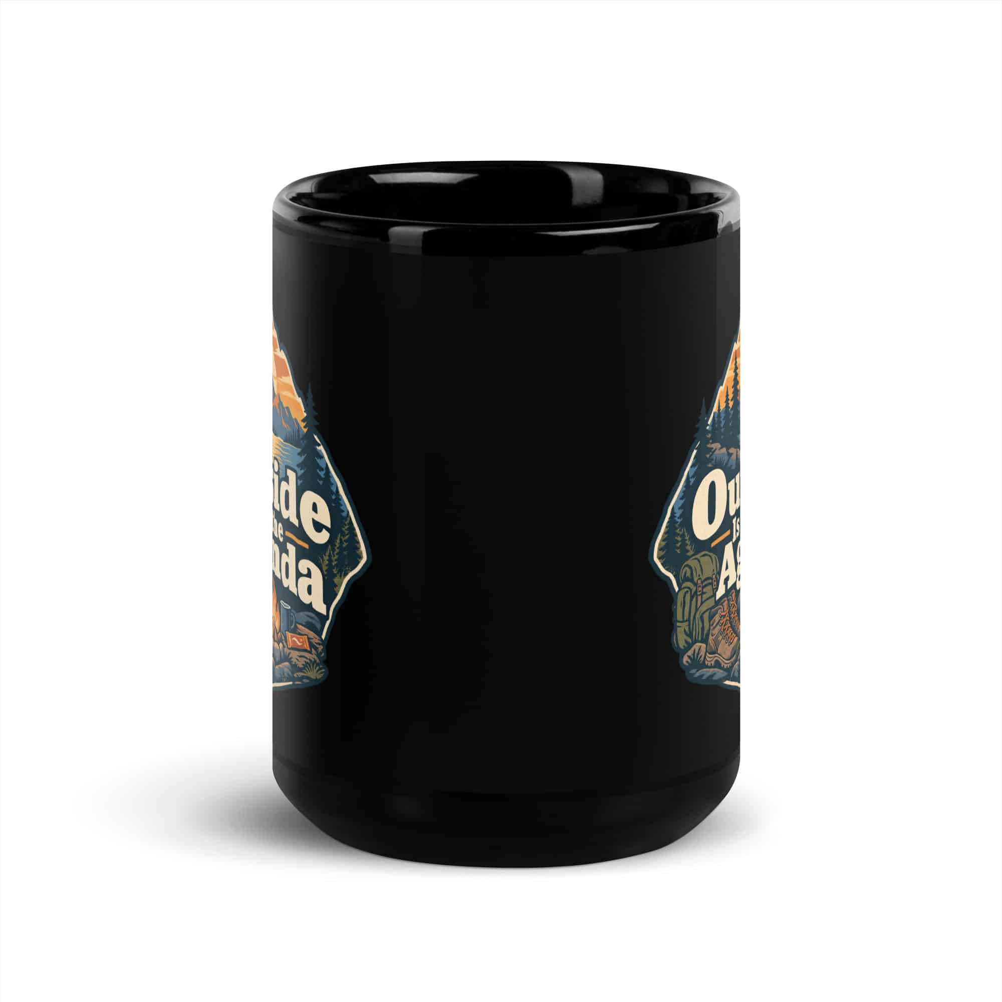 Nature and Adventure Black Coffee Mug: Outside Is on the Agenda, Scenic Shield Badge