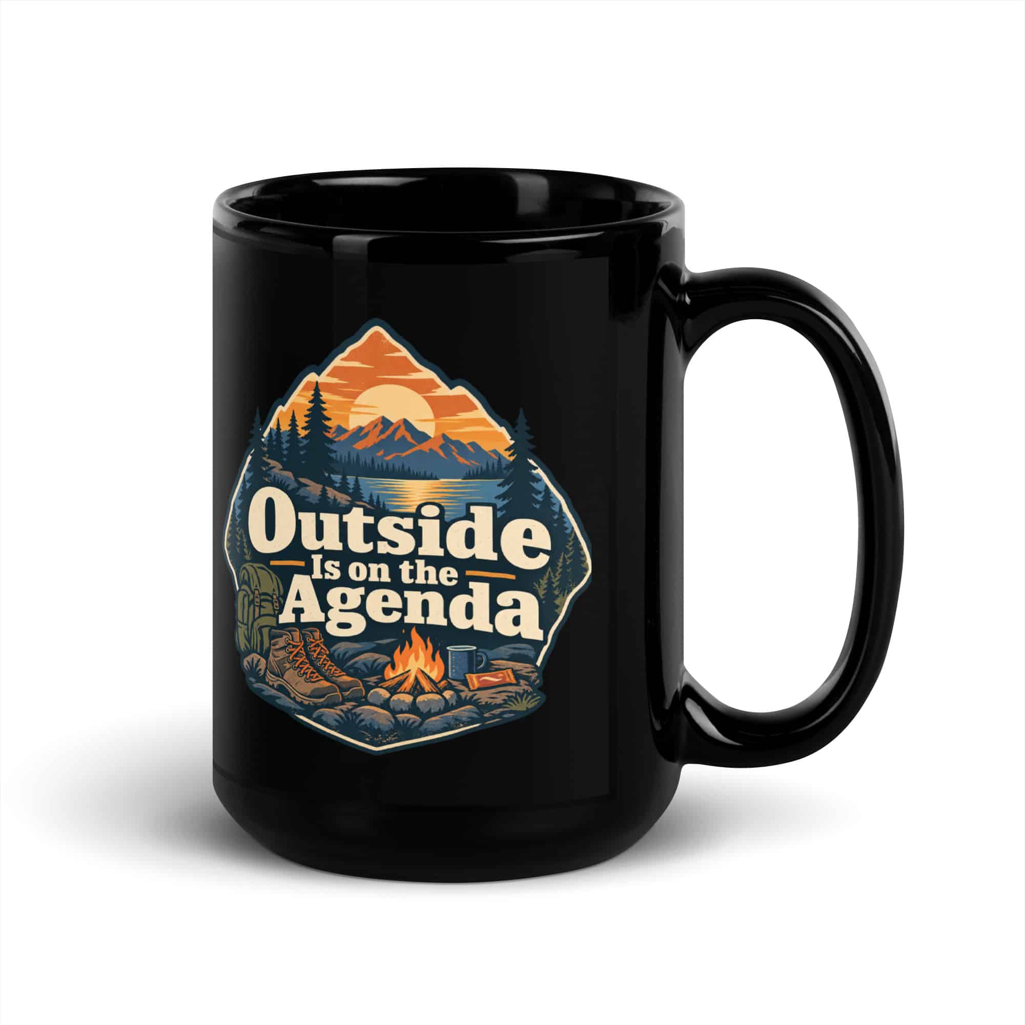 Nature and Adventure Black Coffee Mug: Outside Is on the Agenda, Scenic Shield Badge