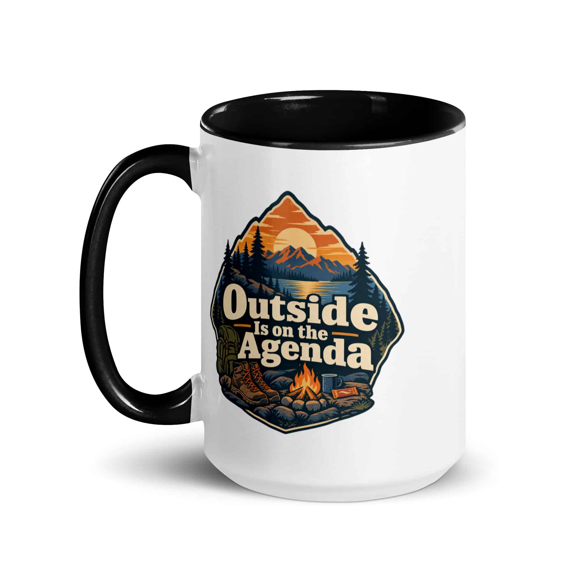 Nature and Adventure Color Inside Coffee Mug: Outside Is on the Agenda, Scenic Shield Badge