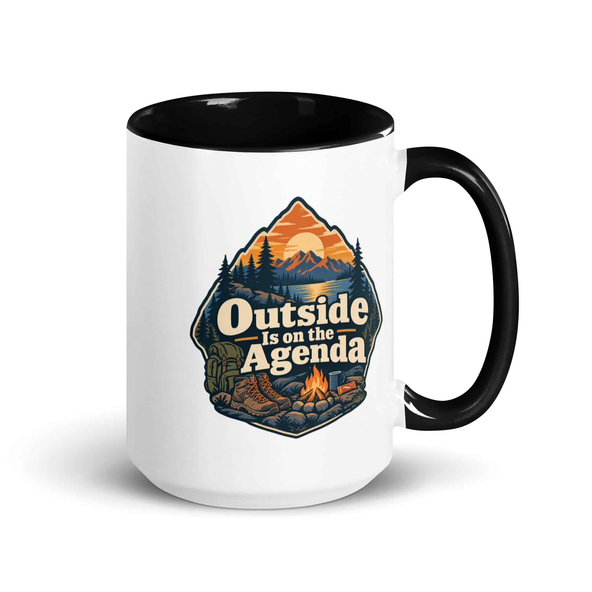 Nature and Adventure Color Inside Coffee Mug: Outside Is on the Agenda, Scenic Shield Badge
