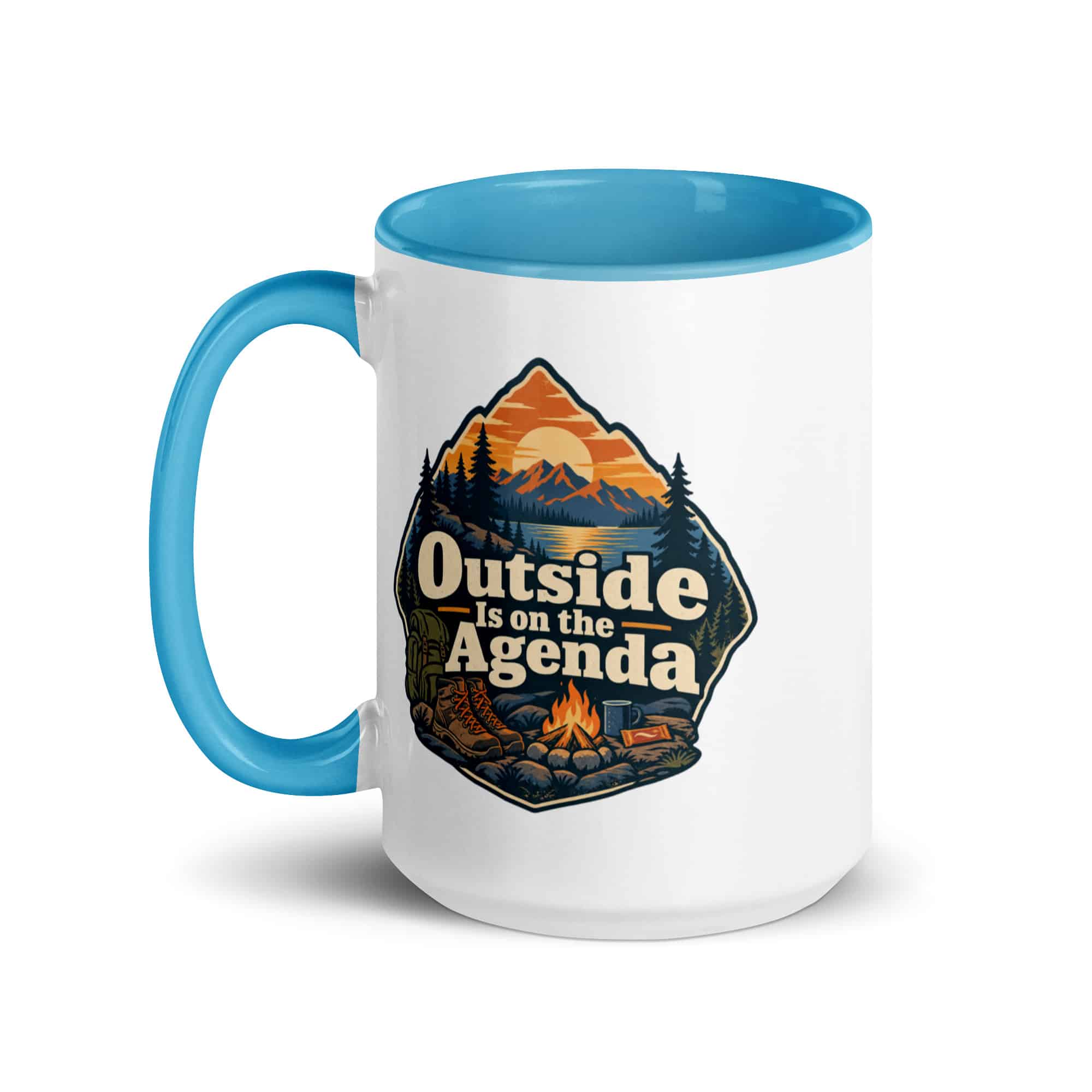 Nature and Adventure Color Inside Coffee Mug: Outside Is on the Agenda, Scenic Shield Badge