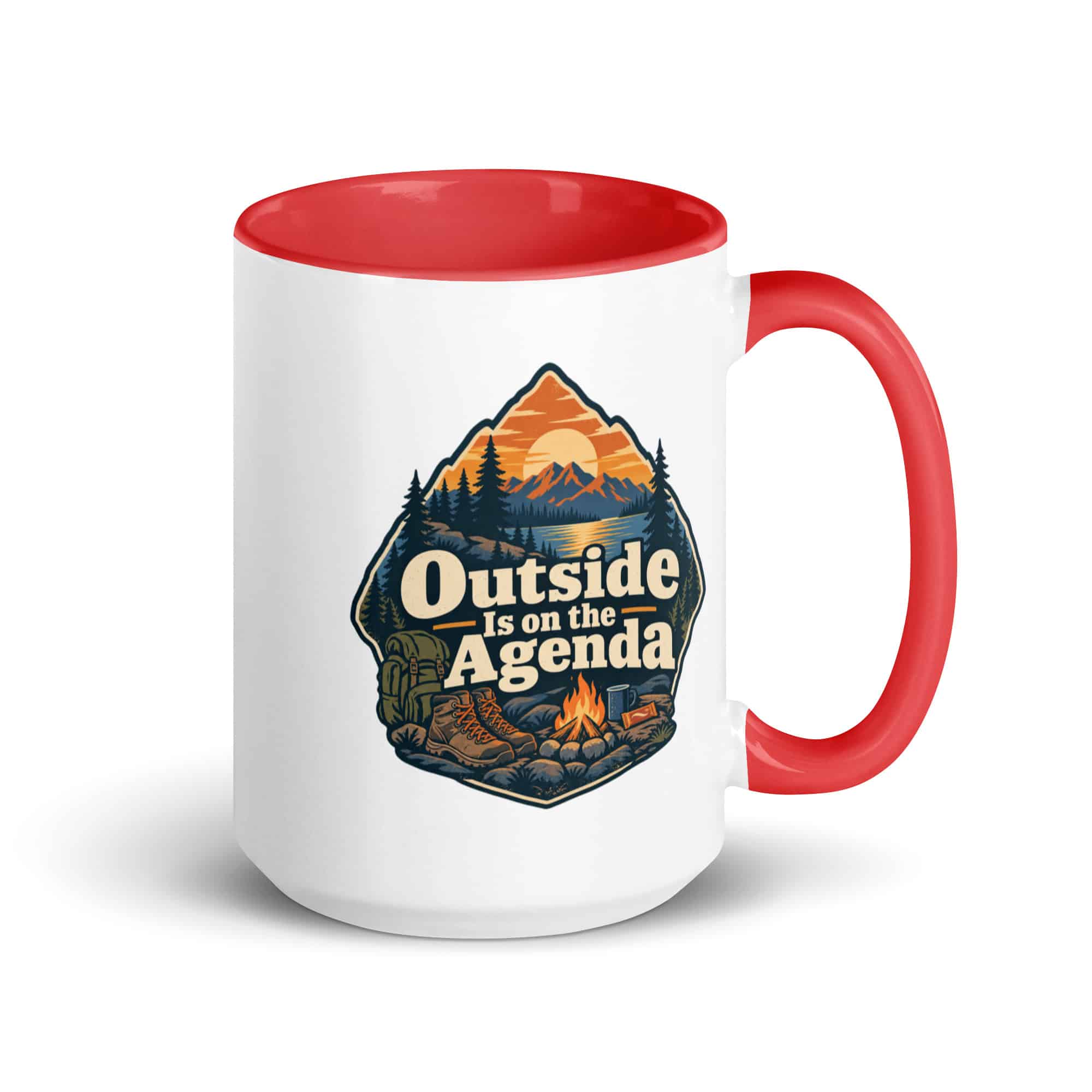 Nature and Adventure Color Inside Coffee Mug: Outside Is on the Agenda, Scenic Shield Badge
