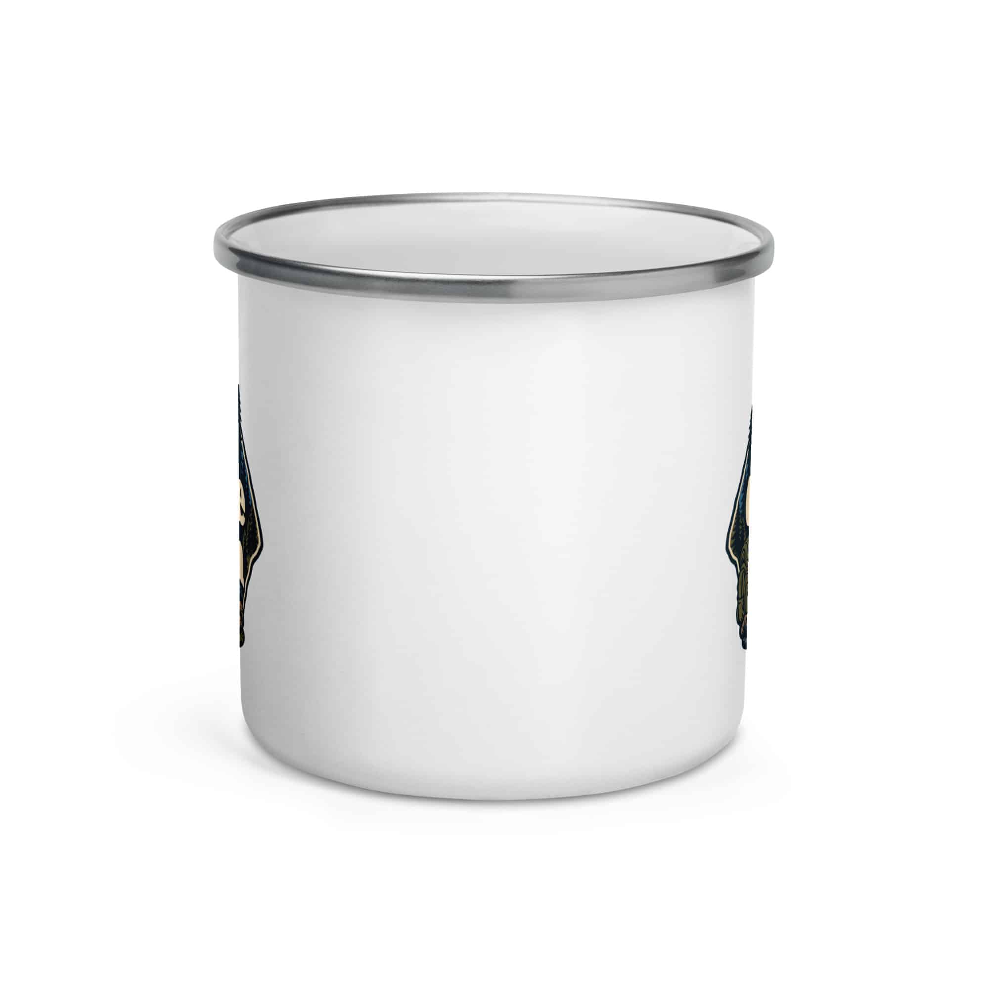 Nature and Adventure Enamel Camp Mug: Outside Is on the Agenda, Scenic Shield Badge
