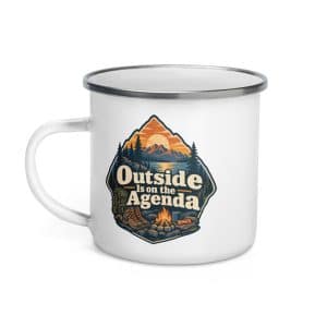 Nature and Adventure Enamel Camp Mug: Outside Is on the Agenda, Scenic Shield Badge - 12 oz - Left