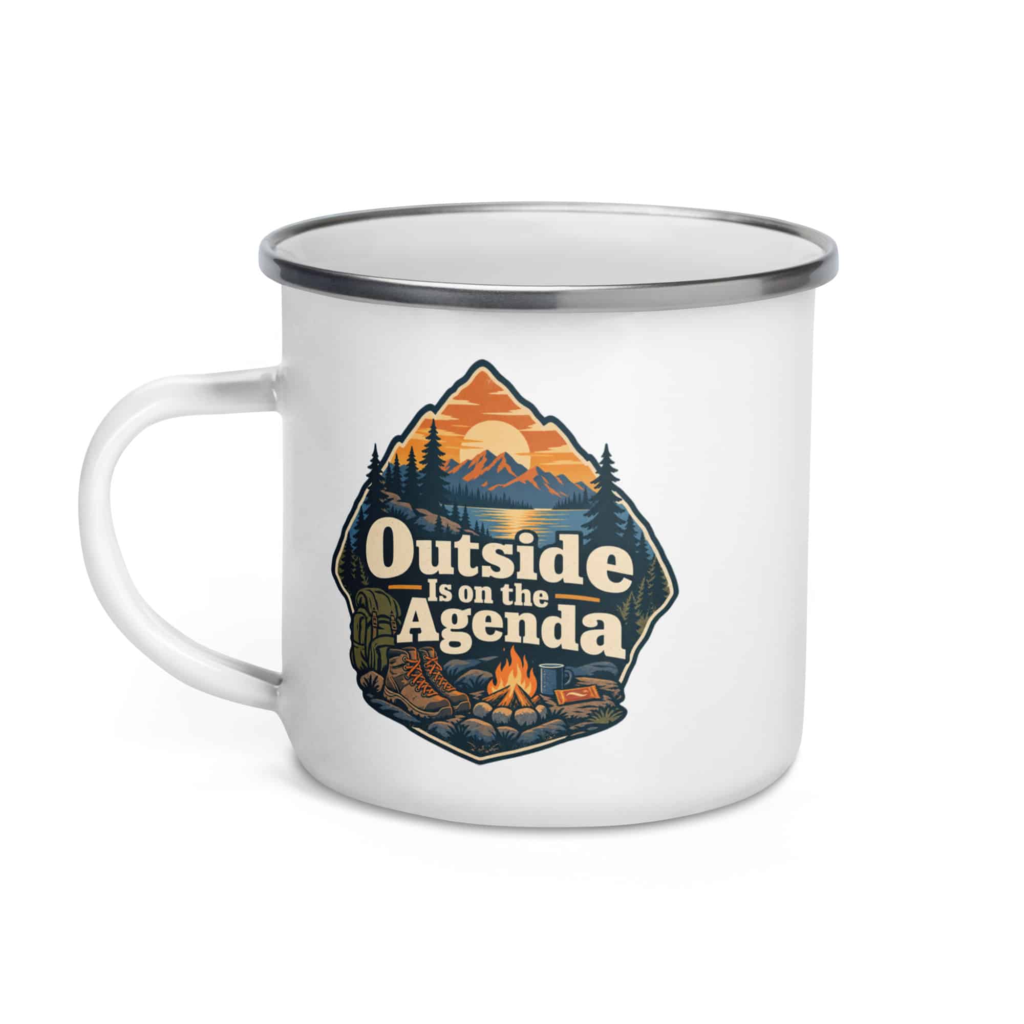 Nature and Adventure Enamel Camp Mug: Outside Is on the Agenda, Scenic Shield Badge