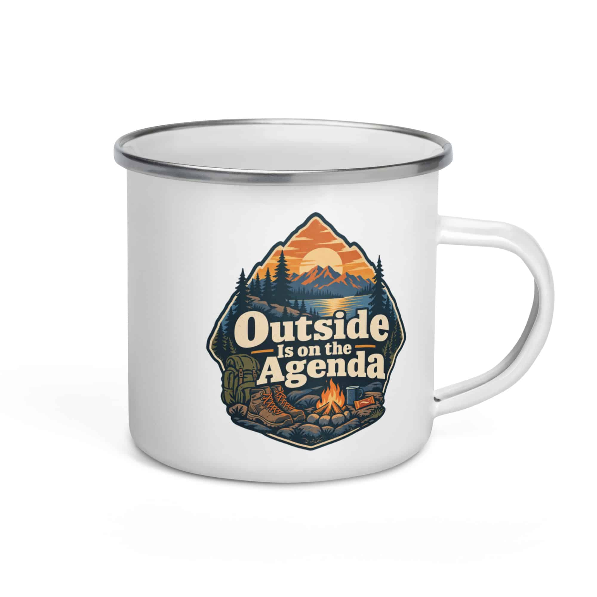 Nature and Adventure Enamel Camp Mug: Outside Is on the Agenda, Scenic Shield Badge