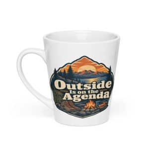 Nature and Adventure Latte Mug: Outside Is on the Agenda, Scenic Shield Badge - 12 oz - Main