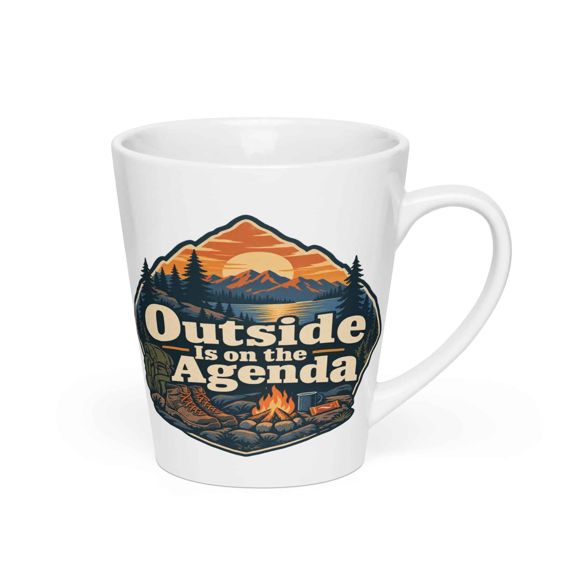 Nature and Adventure Latte Mug: Outside Is on the Agenda, Scenic Shield Badge