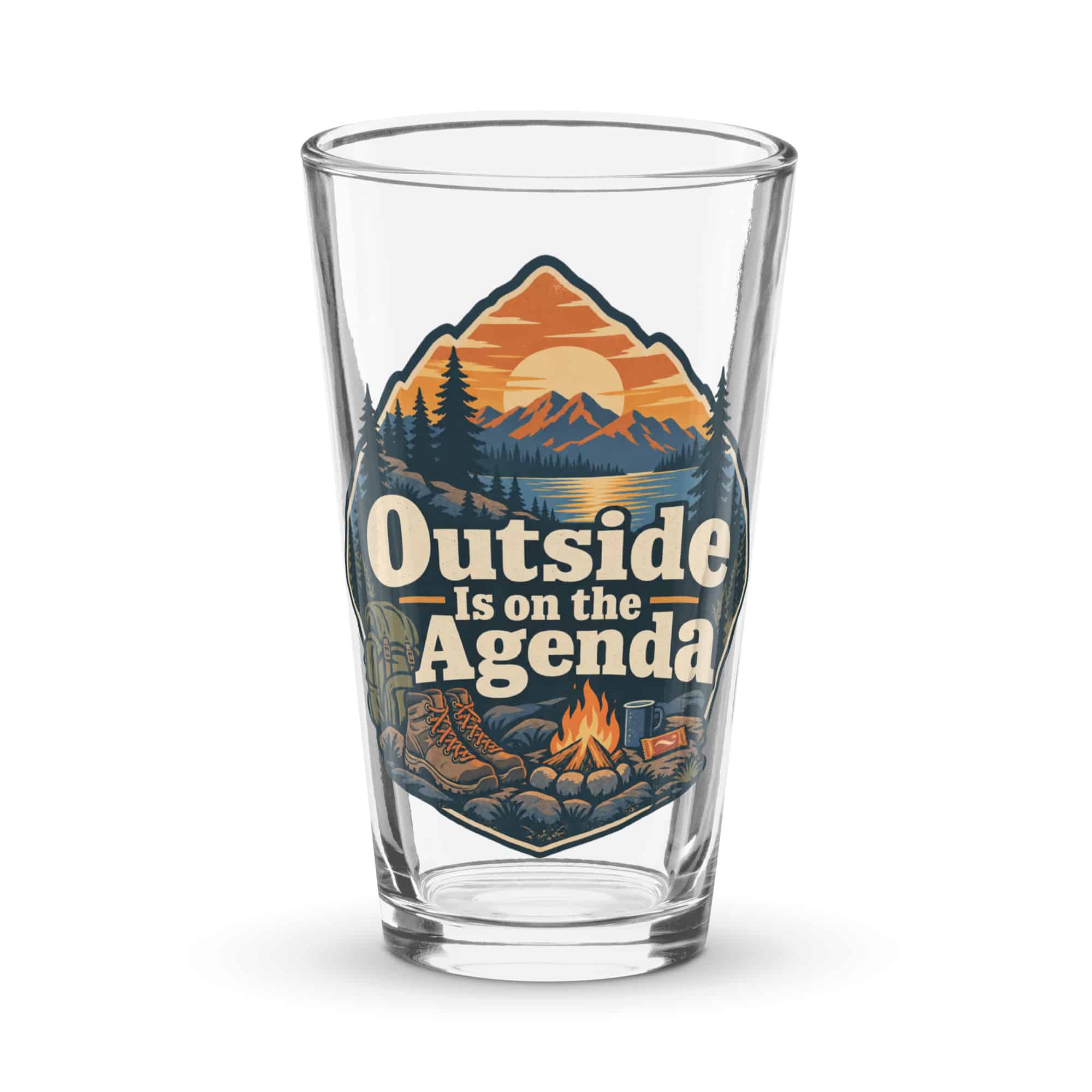 Nature and Adventure Pint Glass: Outside Is on the Agenda, Scenic Shield Badge