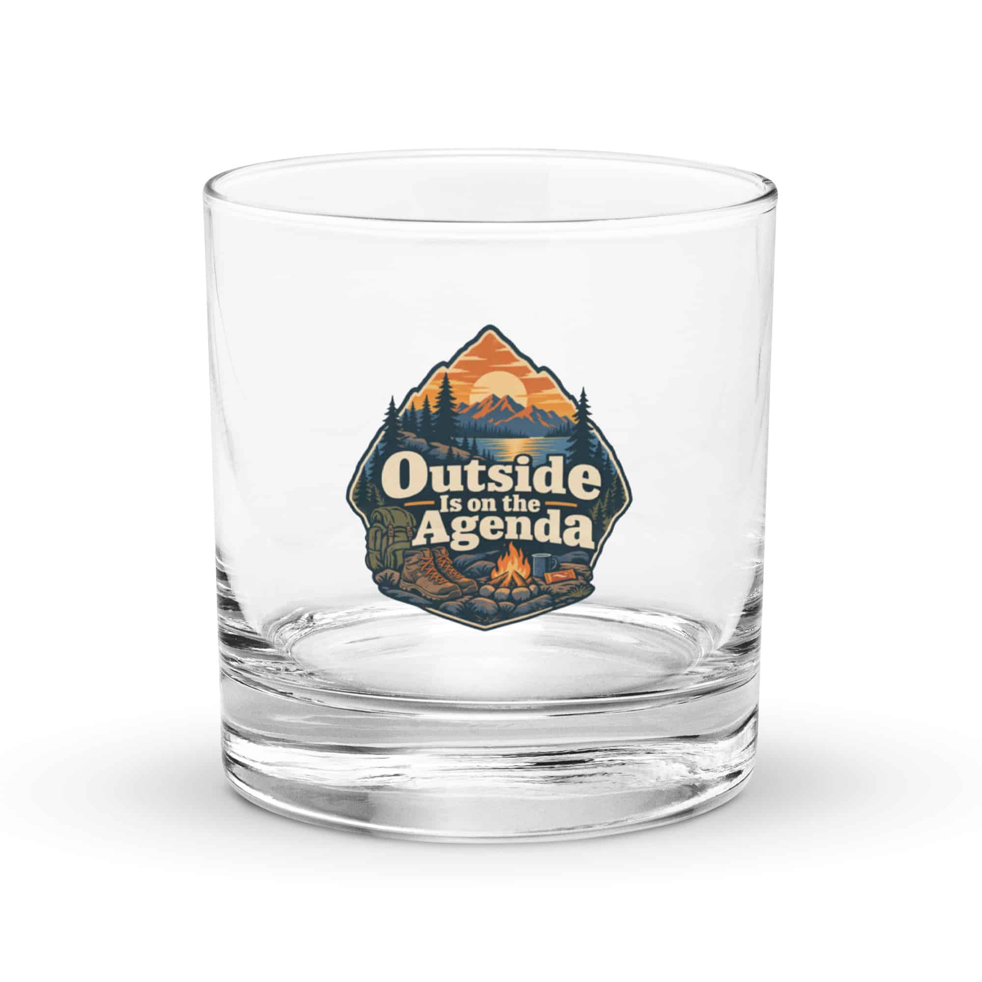 Nature and Adventure Rocks Glass: Outside Is on the Agenda, Scenic Shield Badge