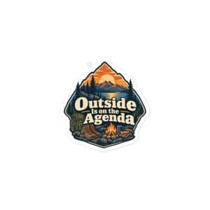 Nature and Adventure Vinyl Sticker: Outside Is on the Agenda, Scenic Shield Badge - 3″×3″ - Main